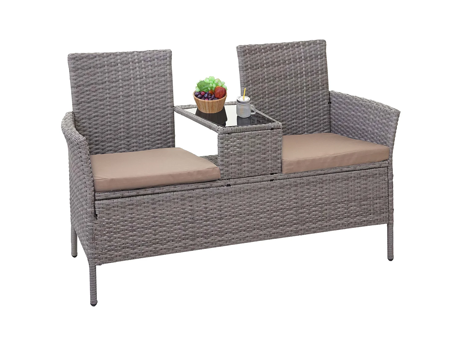 Poly-Rattan Banc avec table MCW-E24,  gris, coussin crème