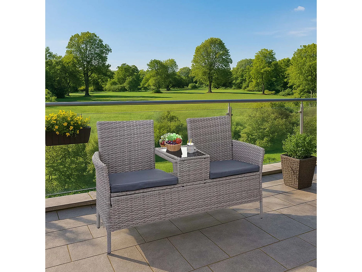 Polyrotan bank met tafel MCW-E24,  grijs, kussens crème