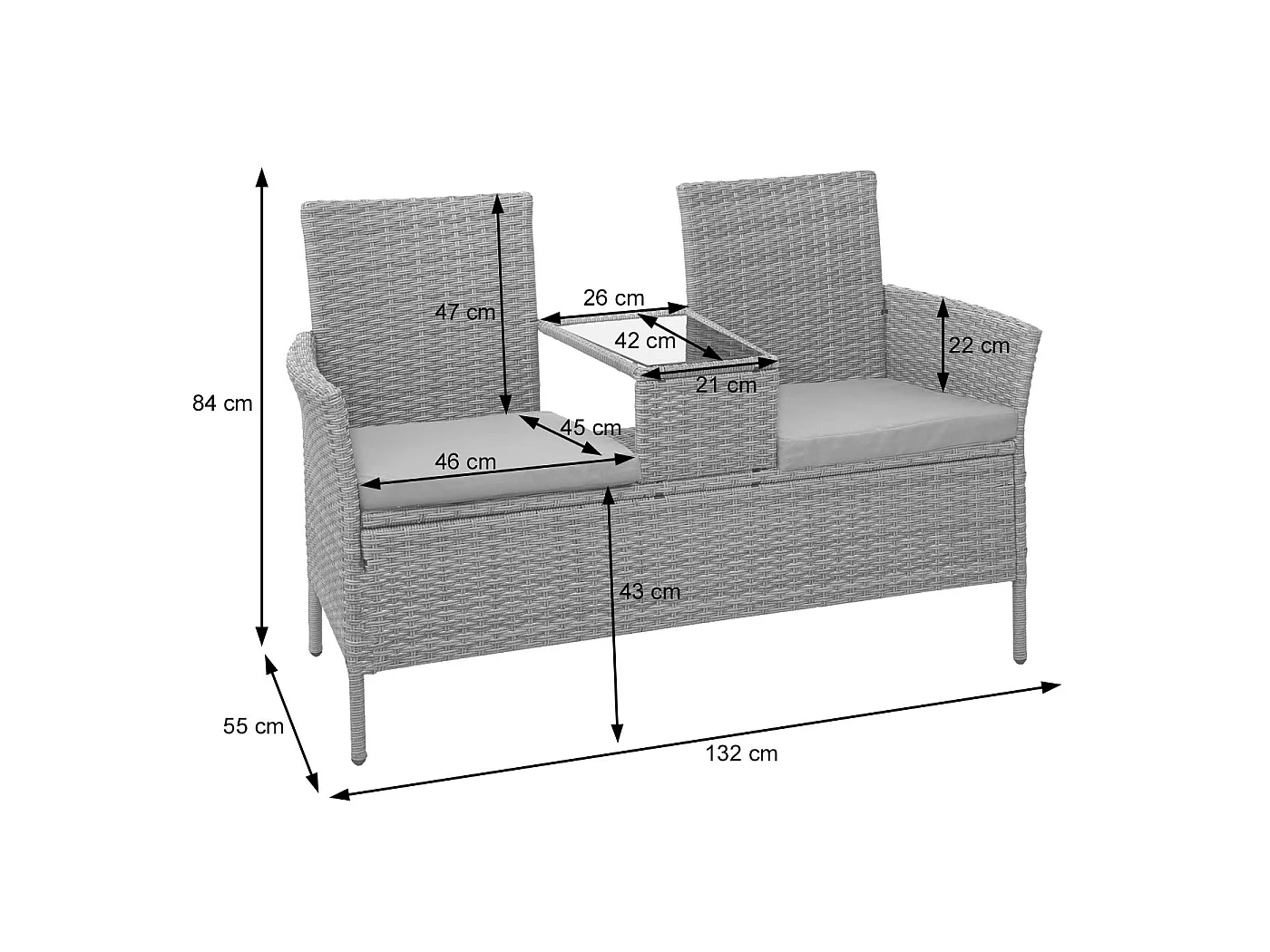 Ławka z rattanu syntetycznego MCW-E24,  szara, poduszki w kolorze kremowym