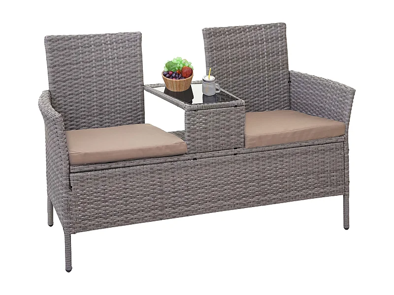 Poly-Rattan Banc avec table MCW-E24,  gris, coussin crème