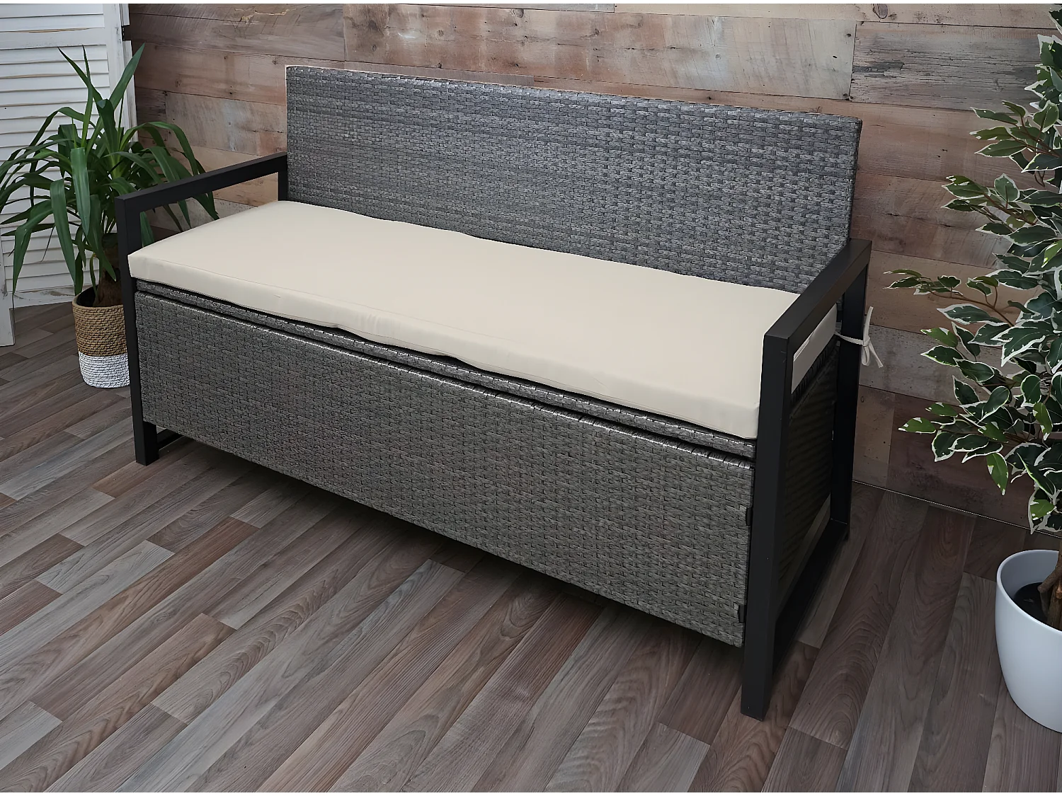 Poly-Rattan Banc 3 places MCW-F39,  gris chiné, coussin beige