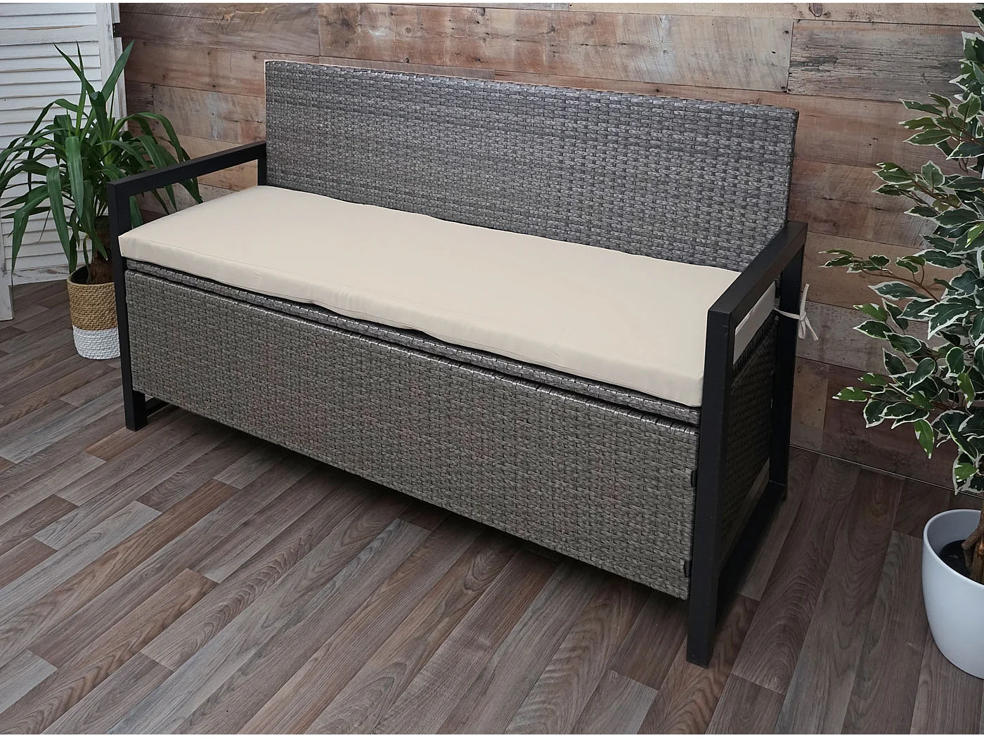 Polyrotan 3-zitsbank MCW-F39,  grijs-gemêleerd, kussens beige