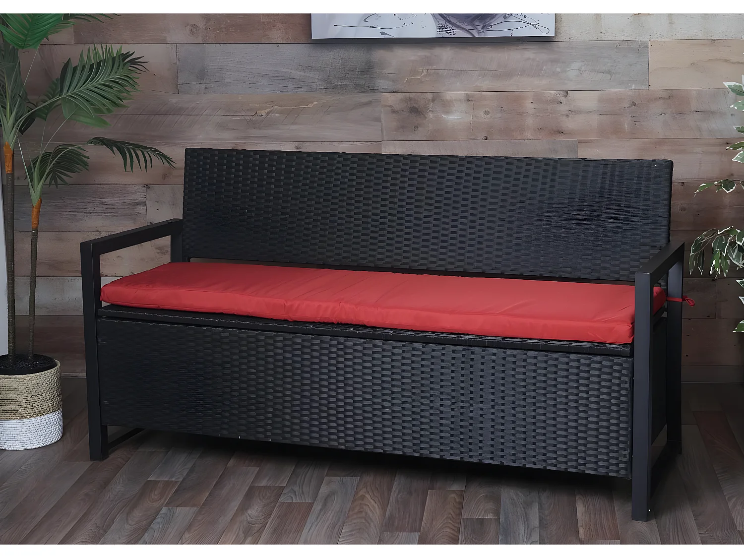 Poly-Rattan Banc 3 places MCW-F39,  anthracite, coussin bordeaux