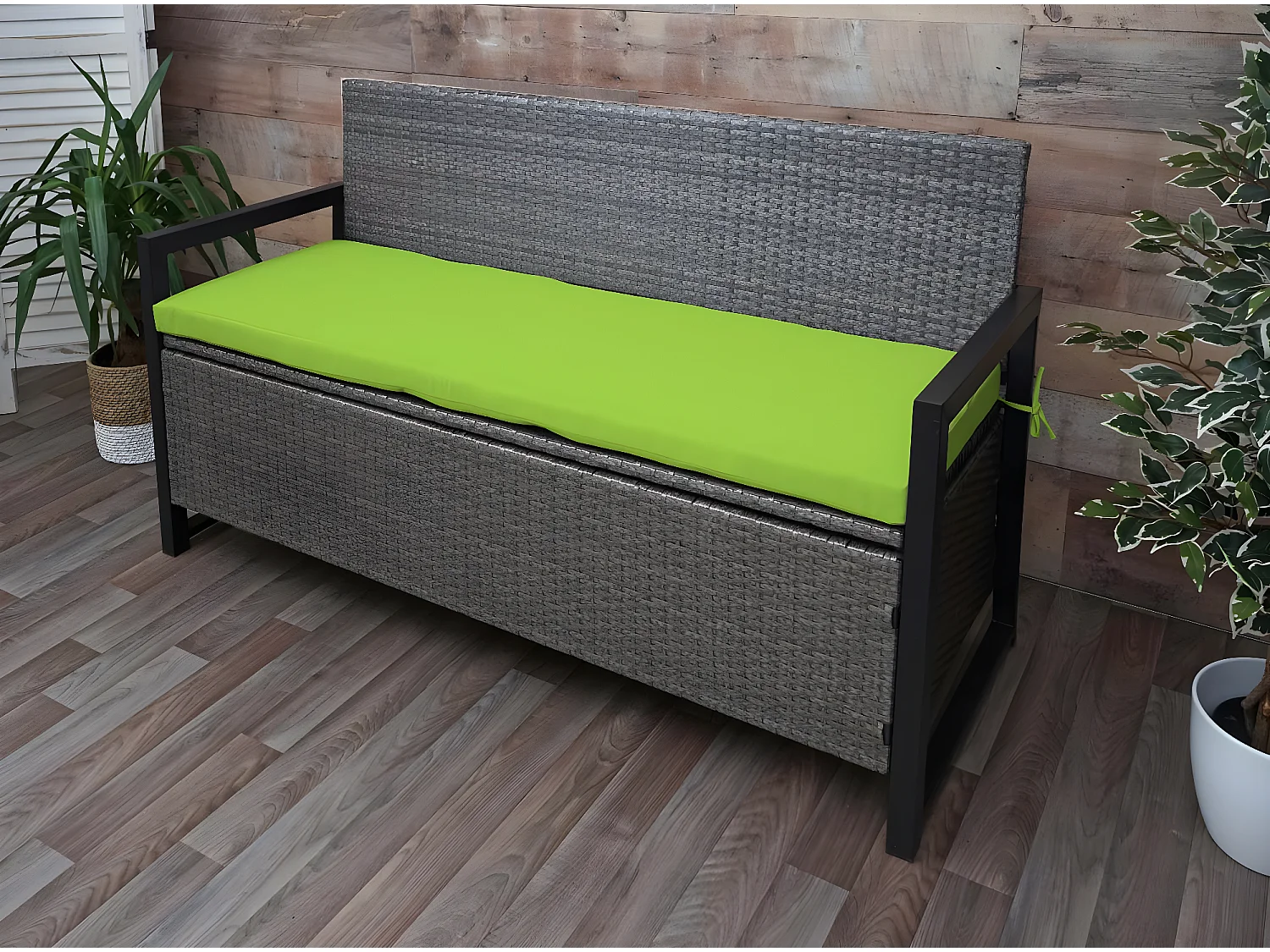 Ławka 3-osobowa z polirattanu MCW-F39,  szaro-motylkowy, poduszki zielone