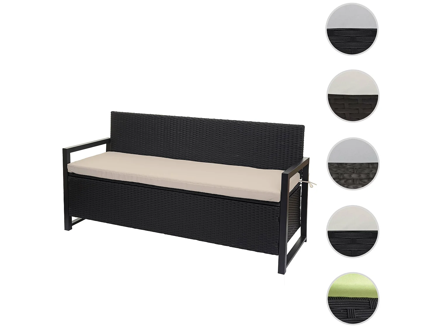 Banco de 3 plazas de polirratán MCW-F39,  antracita, cojines beige