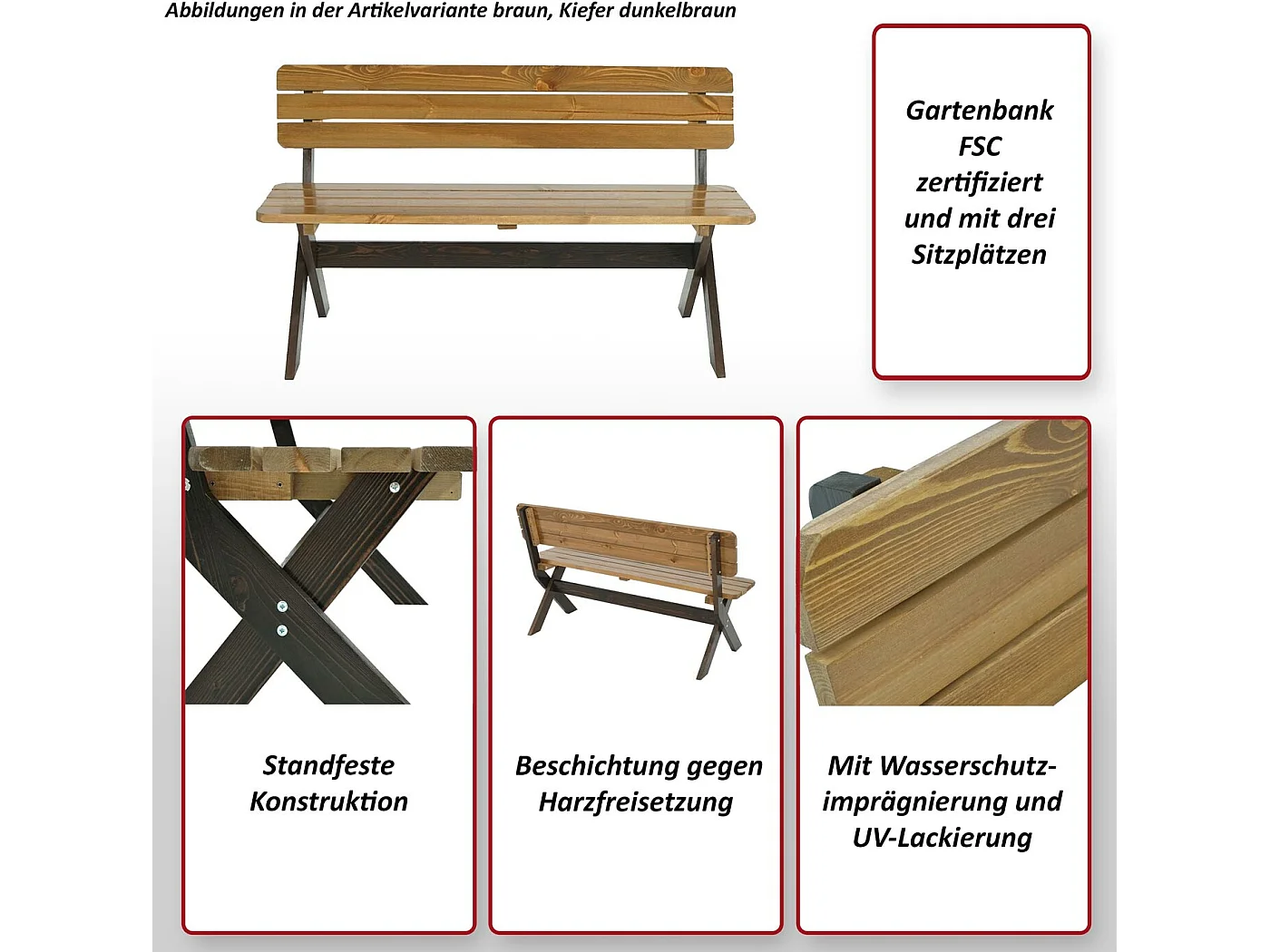 Banc de jardin MCW-J83 Bois massif,  brun, aspect noyer clair