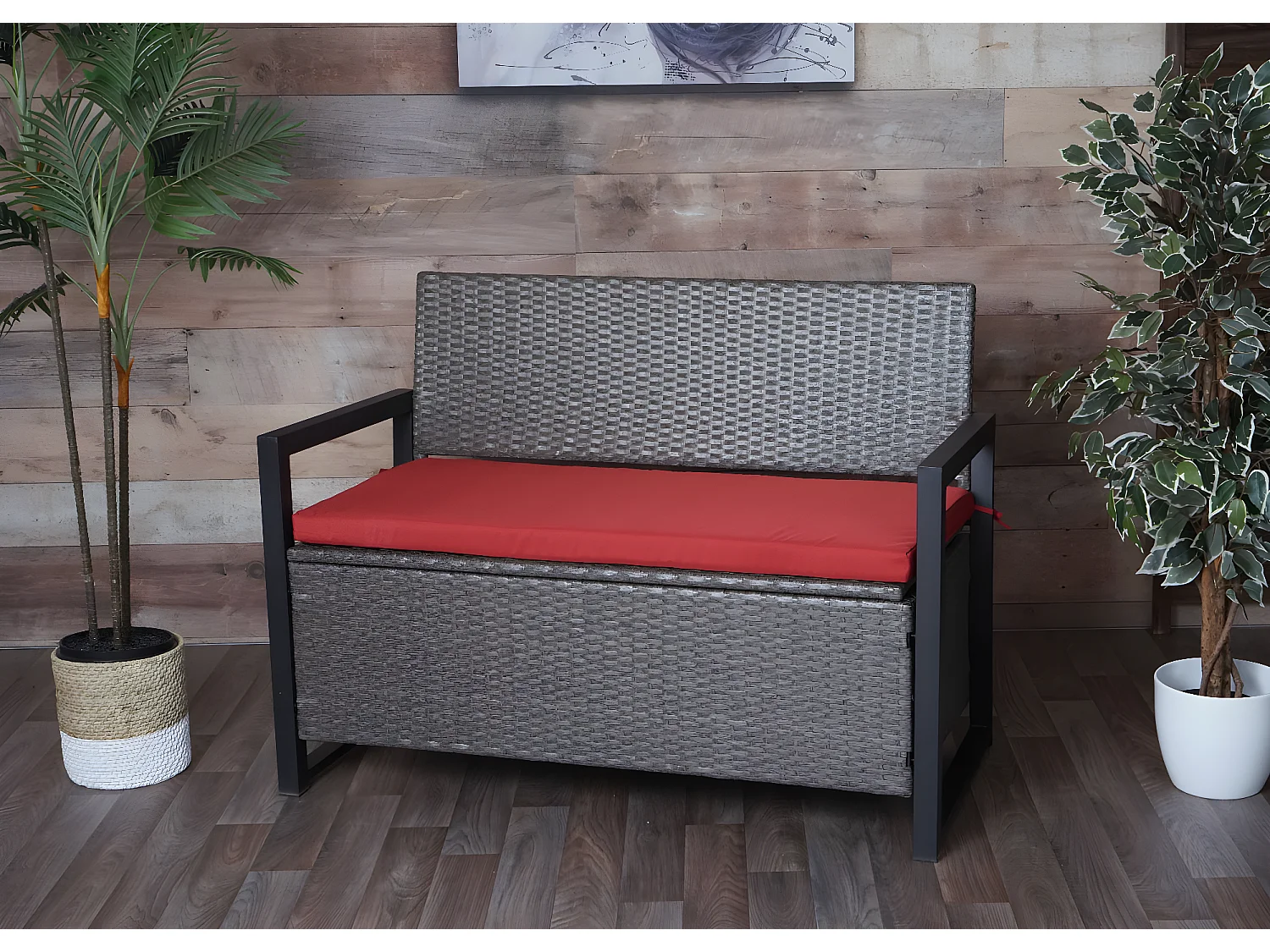 Poly-Rattan 2er Sitzbank MCW-F39, Grau-meliert, Kissen rot