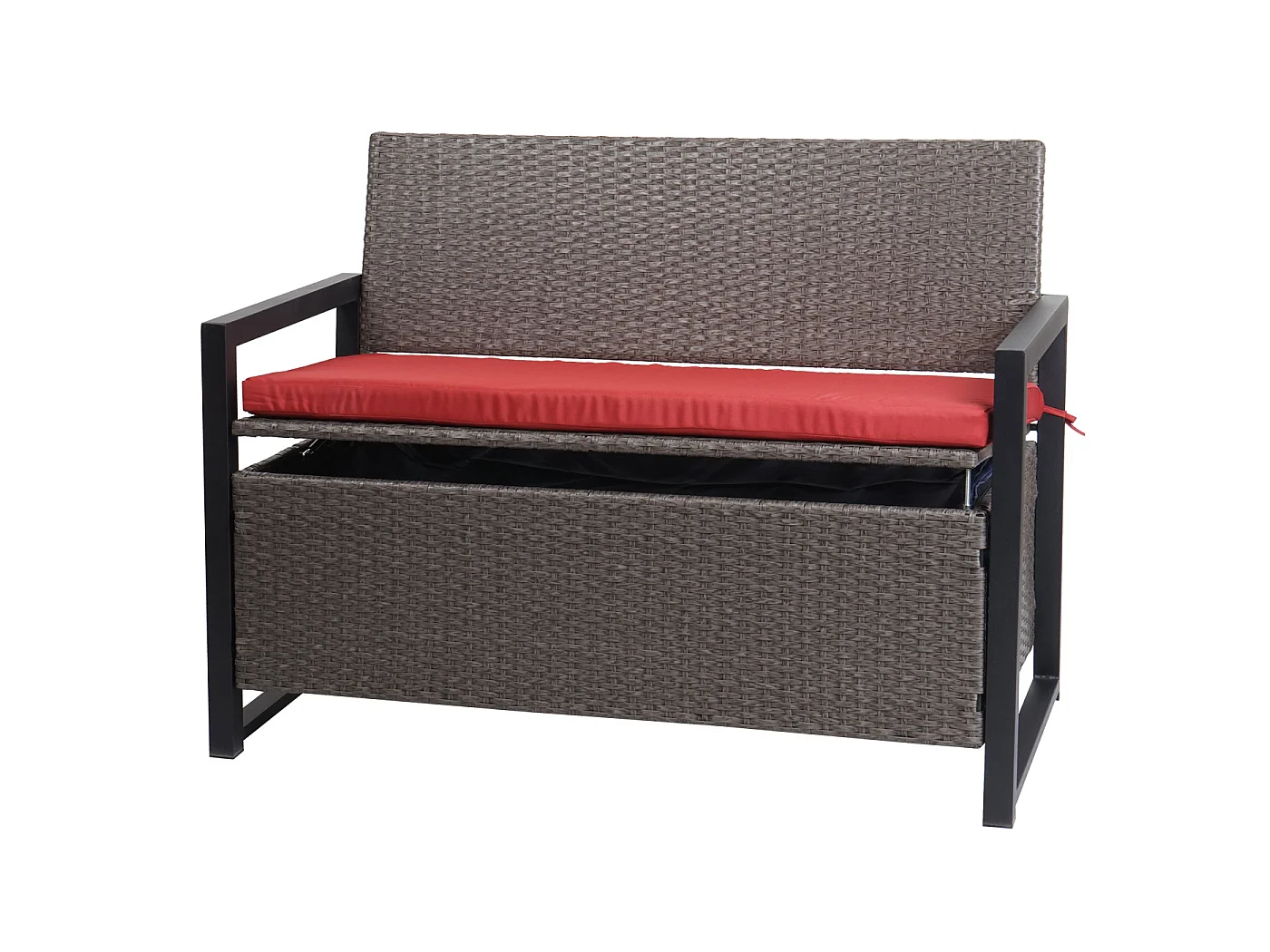 Ławka 2-osobowa z polirattanu MCW-F39,  szaro-motylkowy, poduszki czerwone