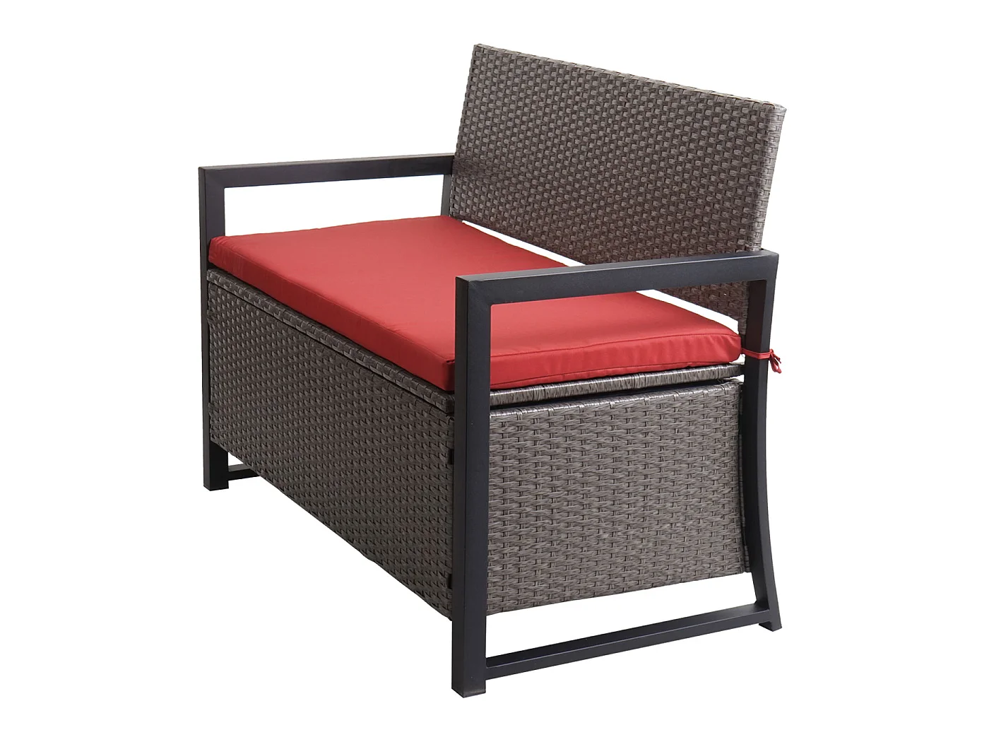 Ławka 2-osobowa z polirattanu MCW-F39,  szaro-motylkowy, poduszki czerwone