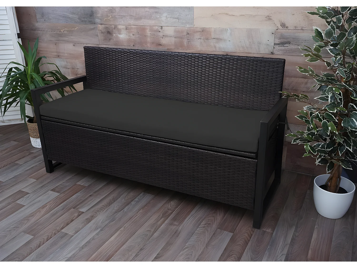 Ławka 3-osobowa z polirattanu MCW-F39,  brązowy, poduszki czarne