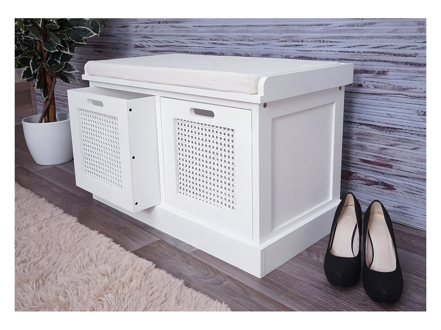 Sitzbank MCW-J49 Aufbewahrungsboxen, Weiß, Polster creme-weiß