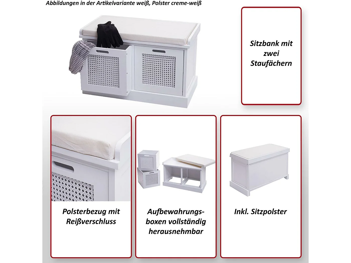 Banc MCW-J49 Boîtes de rangement,  blanc, rembourrage crème-blanc