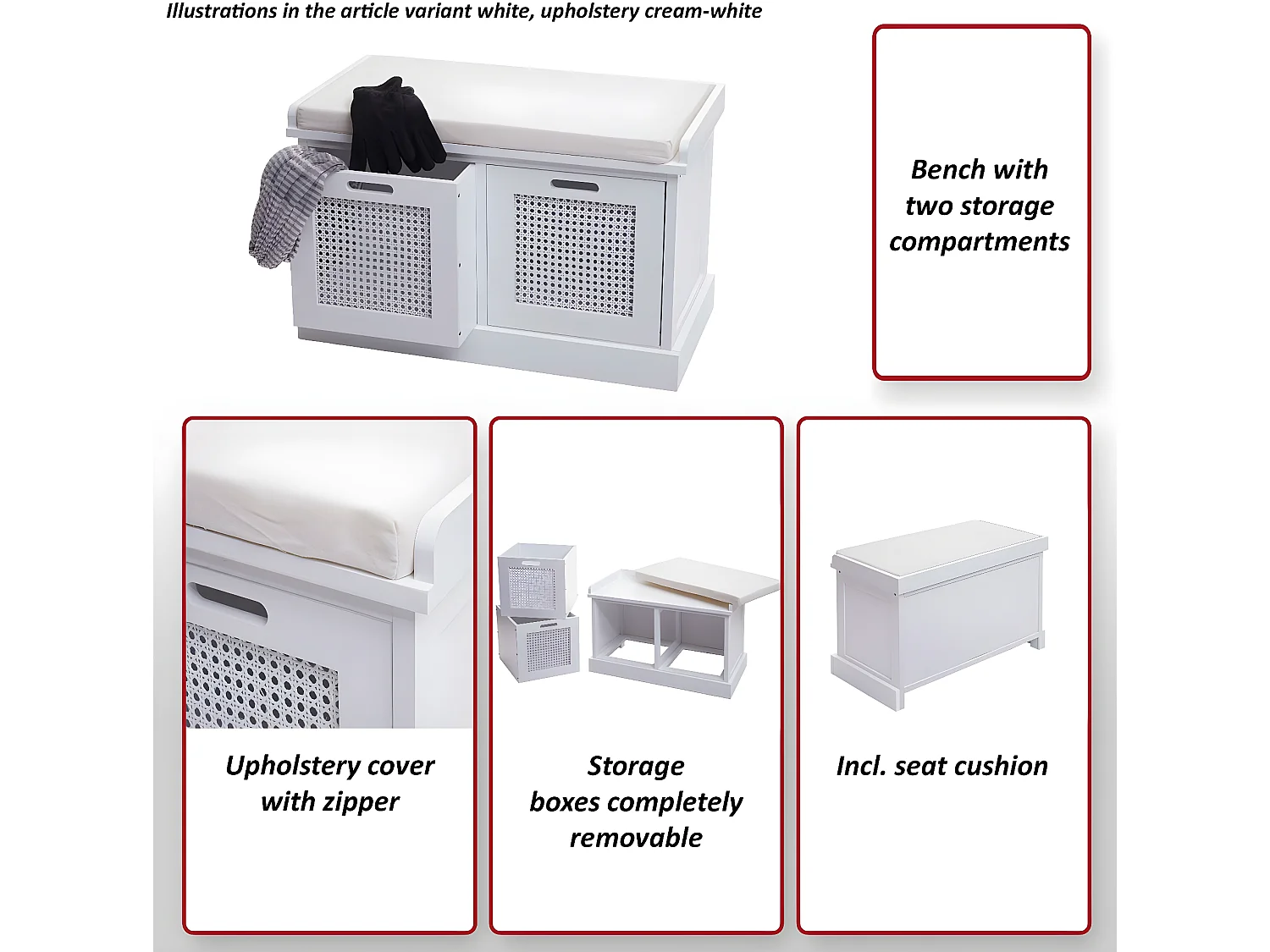 Banc MCW-J49 Boîtes de rangement,  blanc, rembourrage crème-blanc