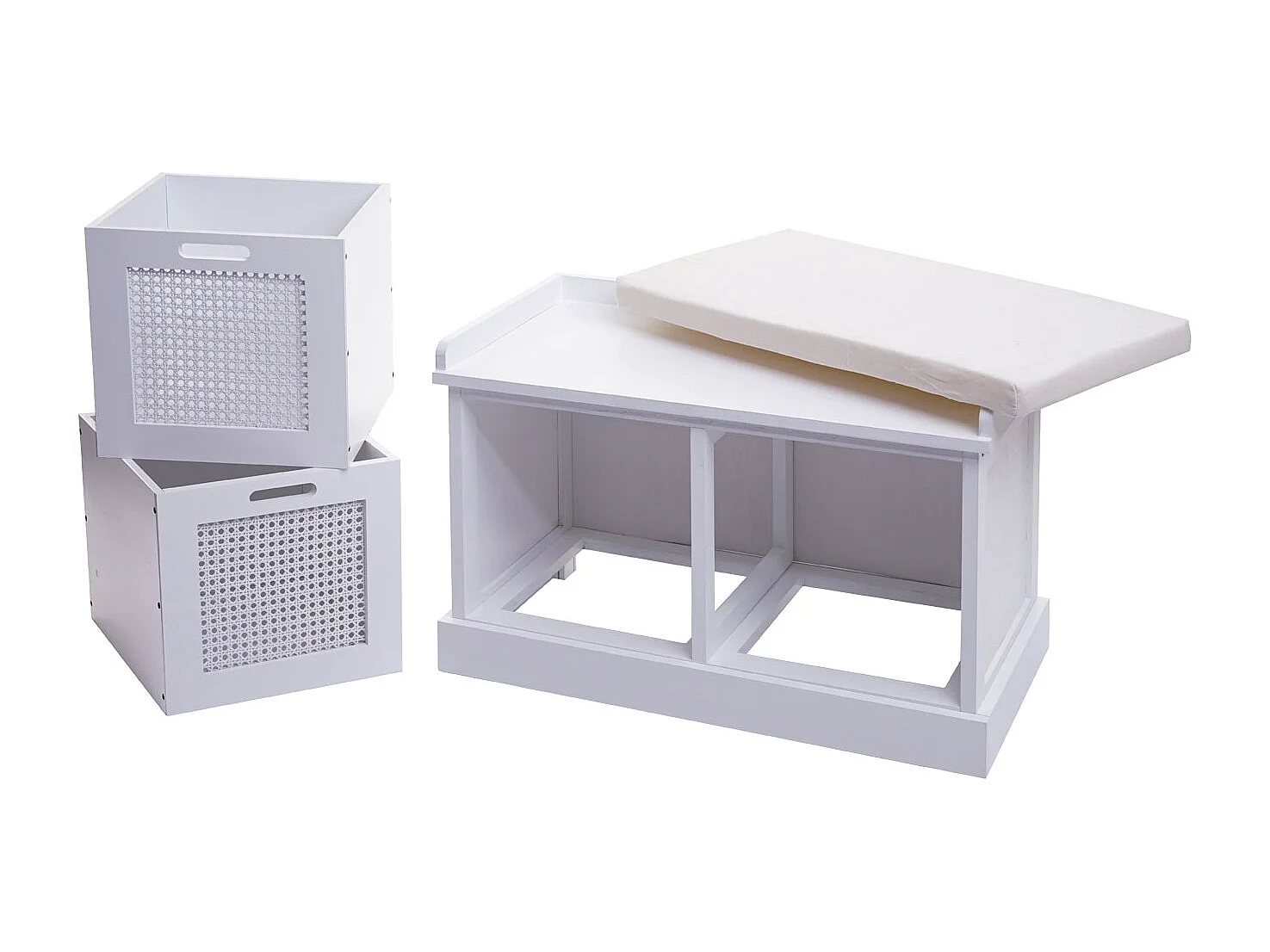 MCW-J49 Bench with Storage Boxes,  white, cream-white upholstery