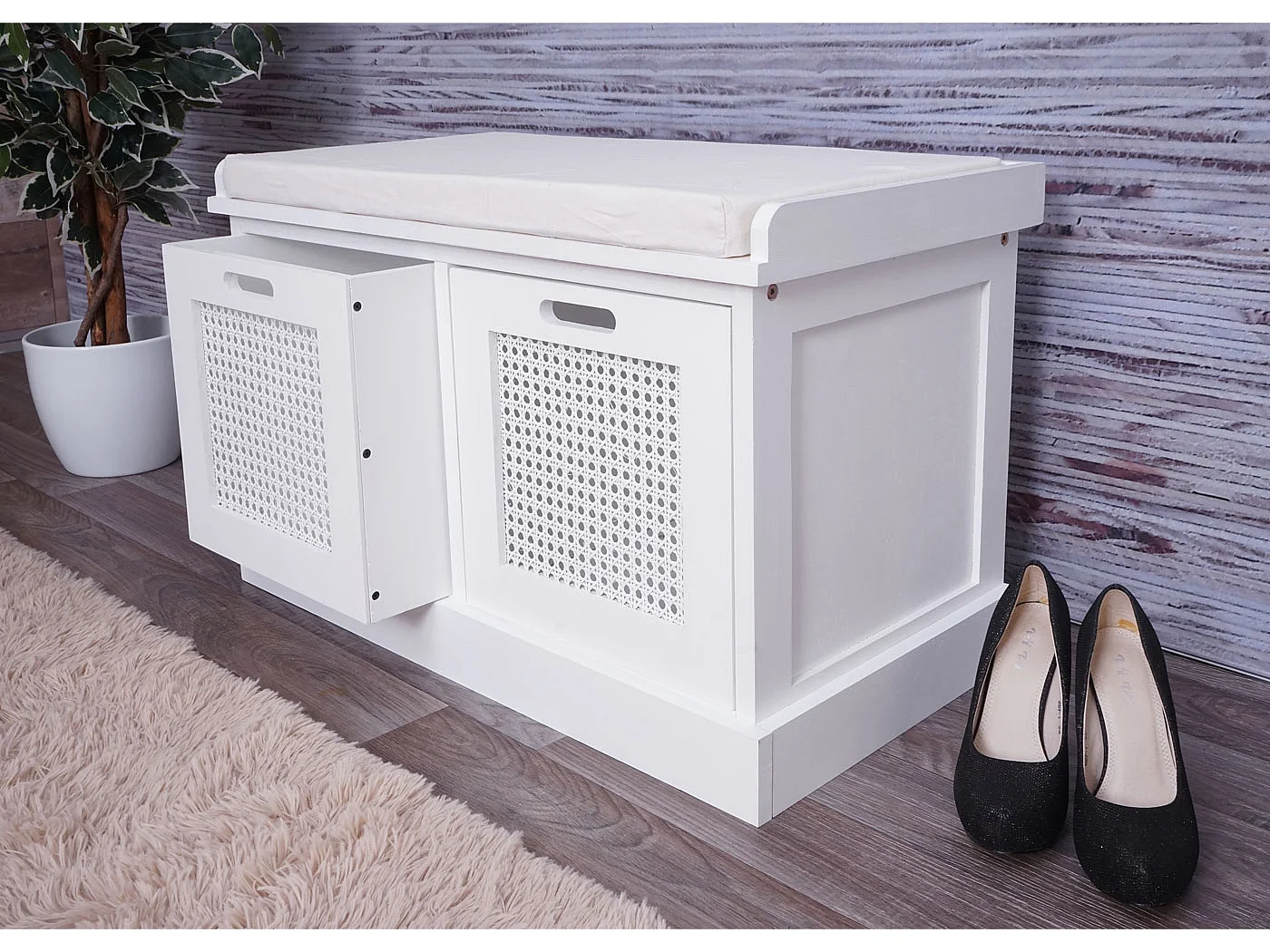 MCW-J49 Bench with Storage Boxes,  white, cream-white upholstery