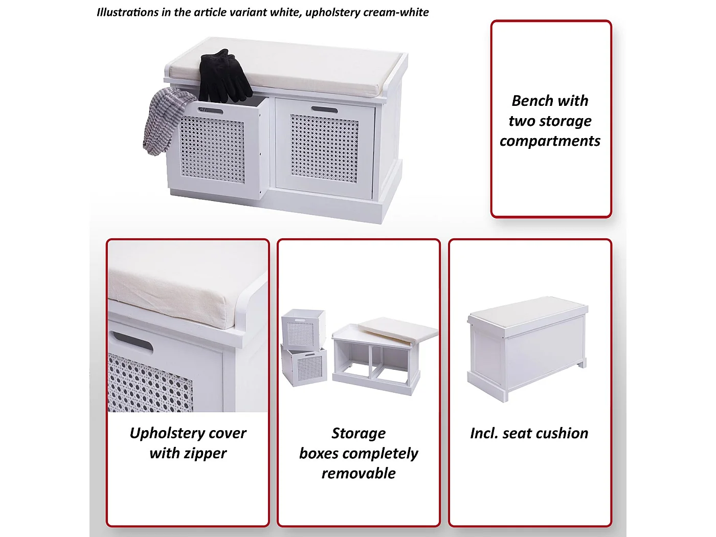 MCW-J49 Bench with Storage Boxes,  white, cream-white upholstery