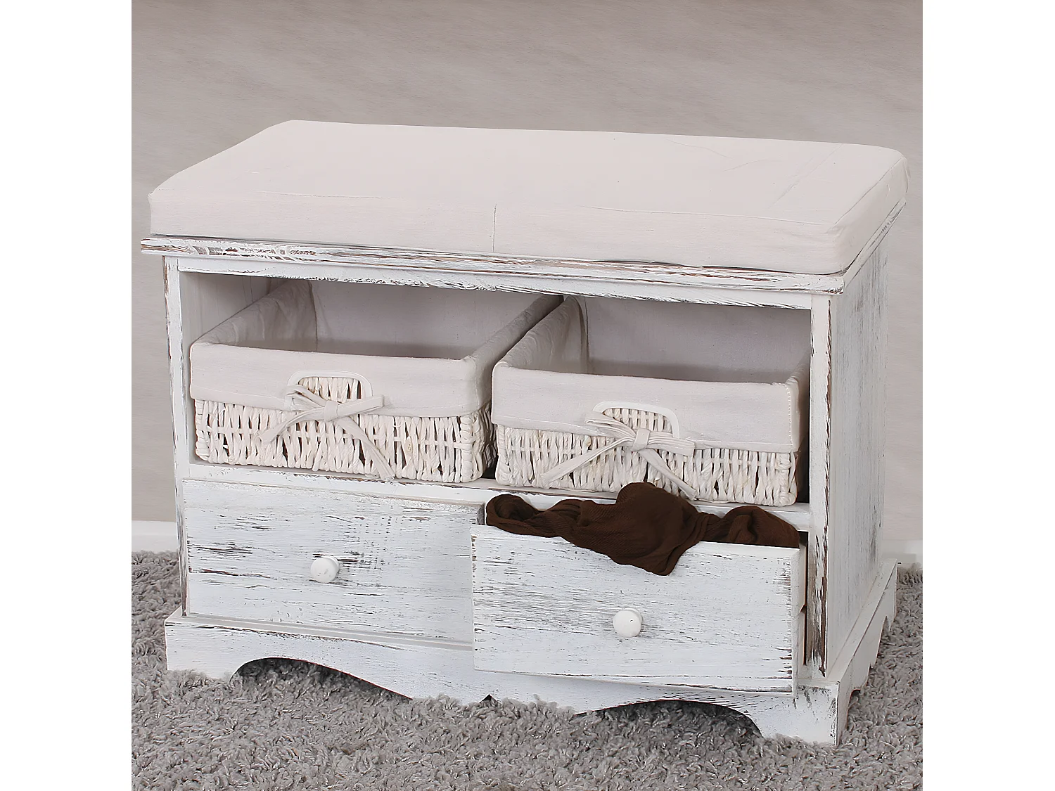 Sitzbank 2 Körbe Shabby-Look, Weiß