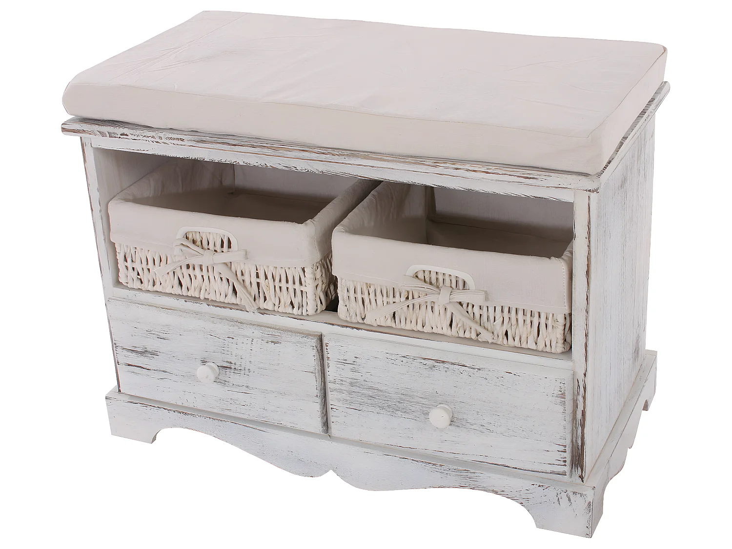 Sitzbank 2 Körbe Shabby-Look, Weiß