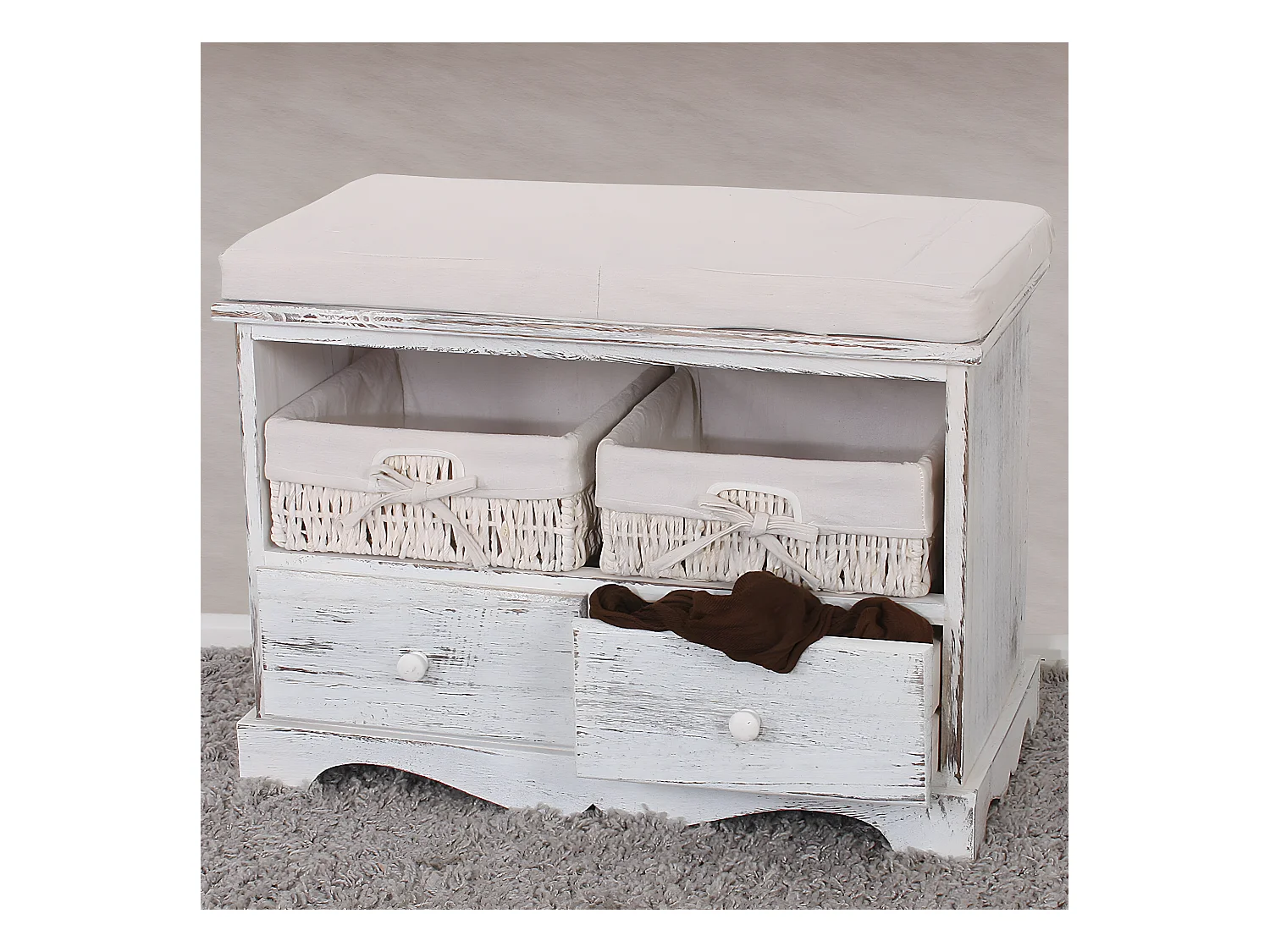 Banc 2 paniers look shabby, Commode / banc, 2 paniers, 2 tiroirs, 62x33x42cm, shabby, vintage, blanc