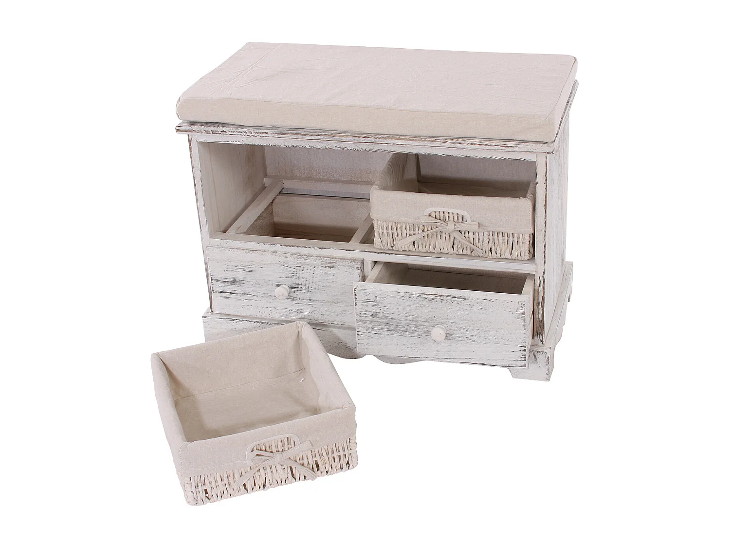 Bankje met 2 manden in shabby look,  wit