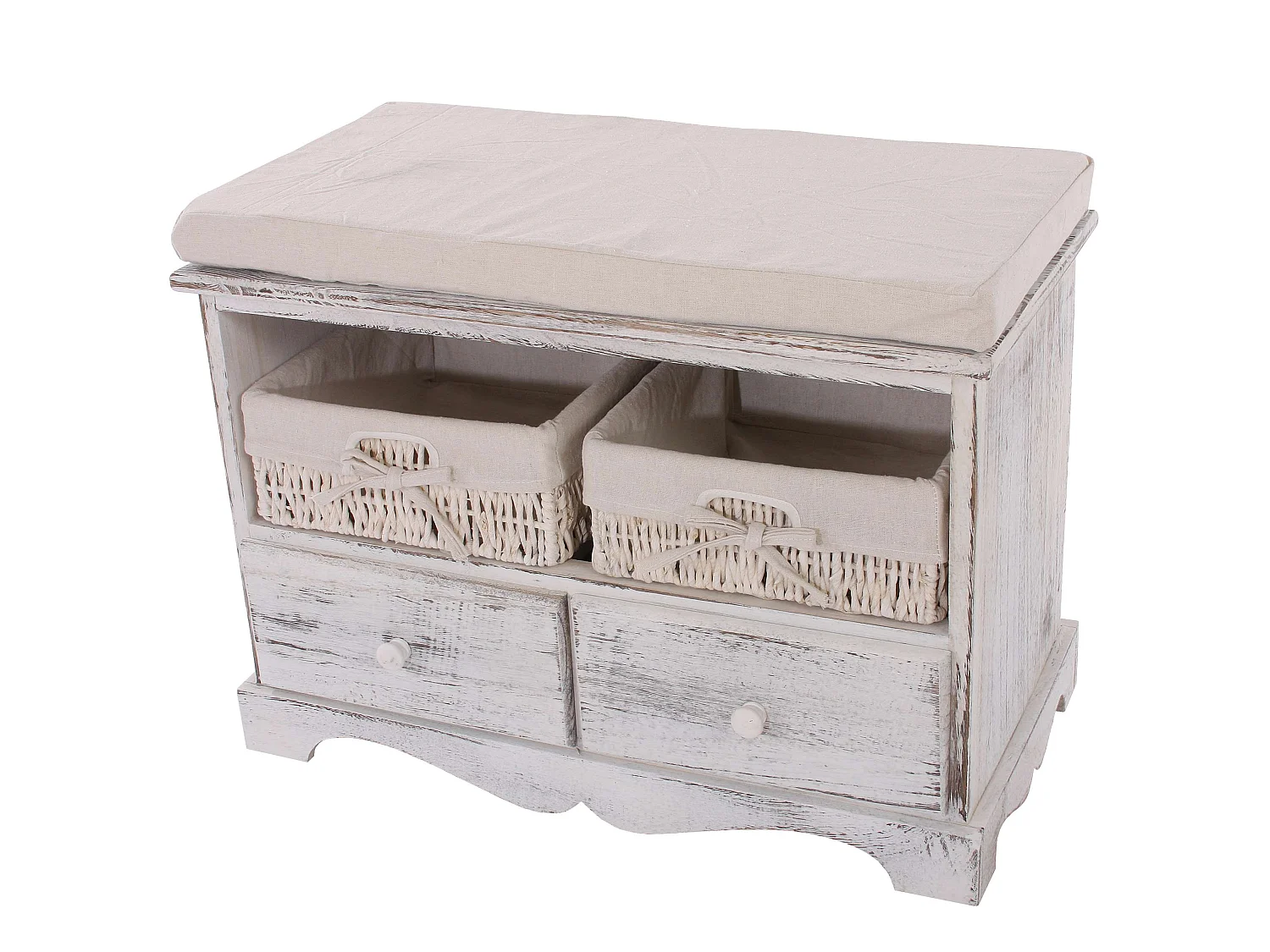 Banc 2 paniers look shabby, Commode / banc, 2 paniers, 2 tiroirs, 62x33x42cm, shabby, vintage, blanc