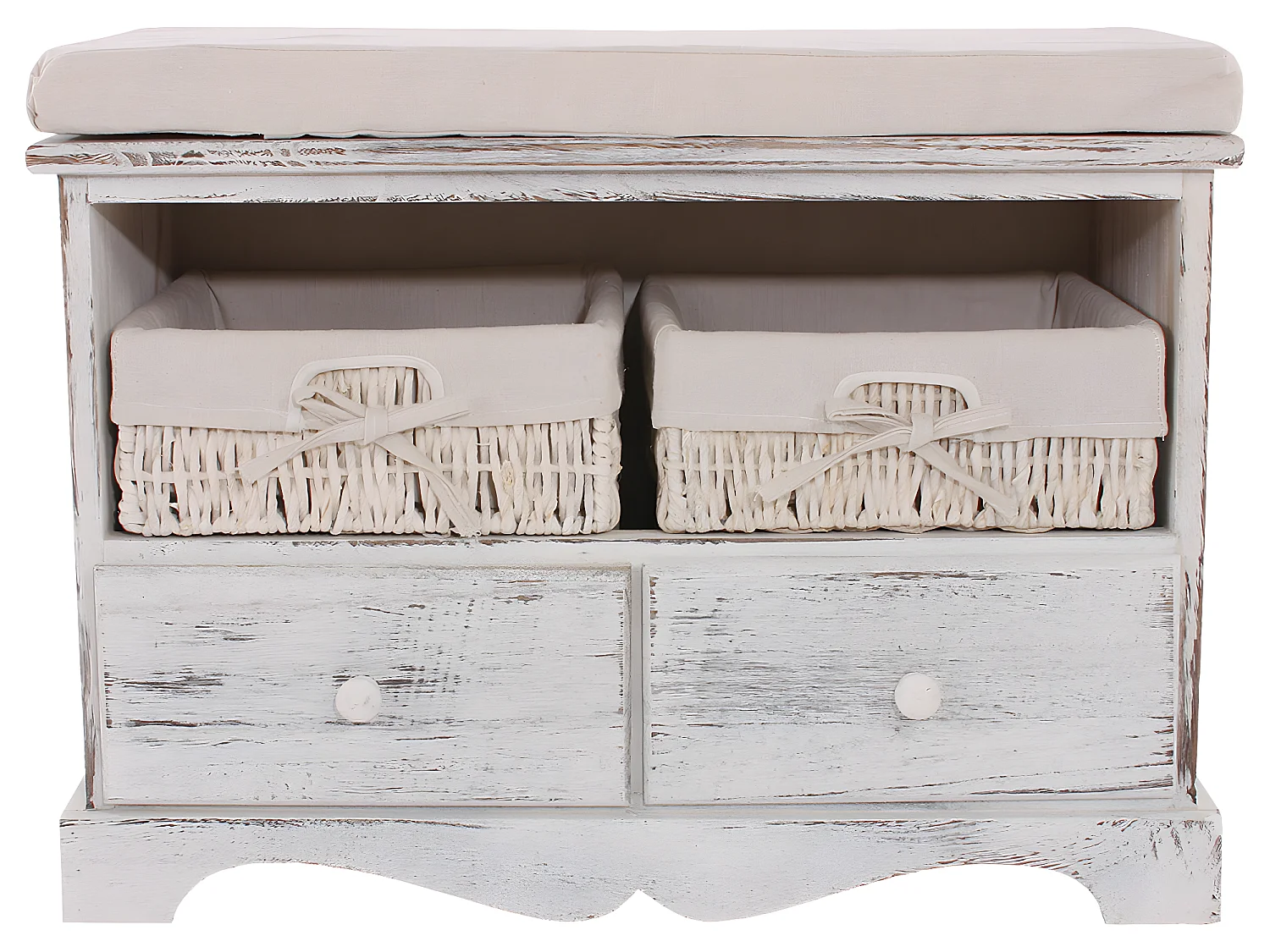 Banc 2 paniers look shabby, Commode / banc, 2 paniers, 2 tiroirs, 62x33x42cm, shabby, vintage, blanc