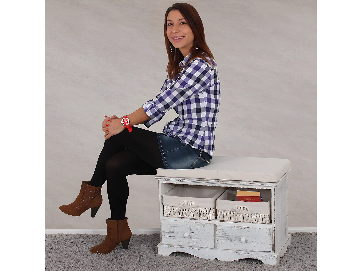 Banc 2 paniers look shabby, Commode / banc, 2 paniers, 2 tiroirs, 62x33x42cm, shabby, vintage, blanc