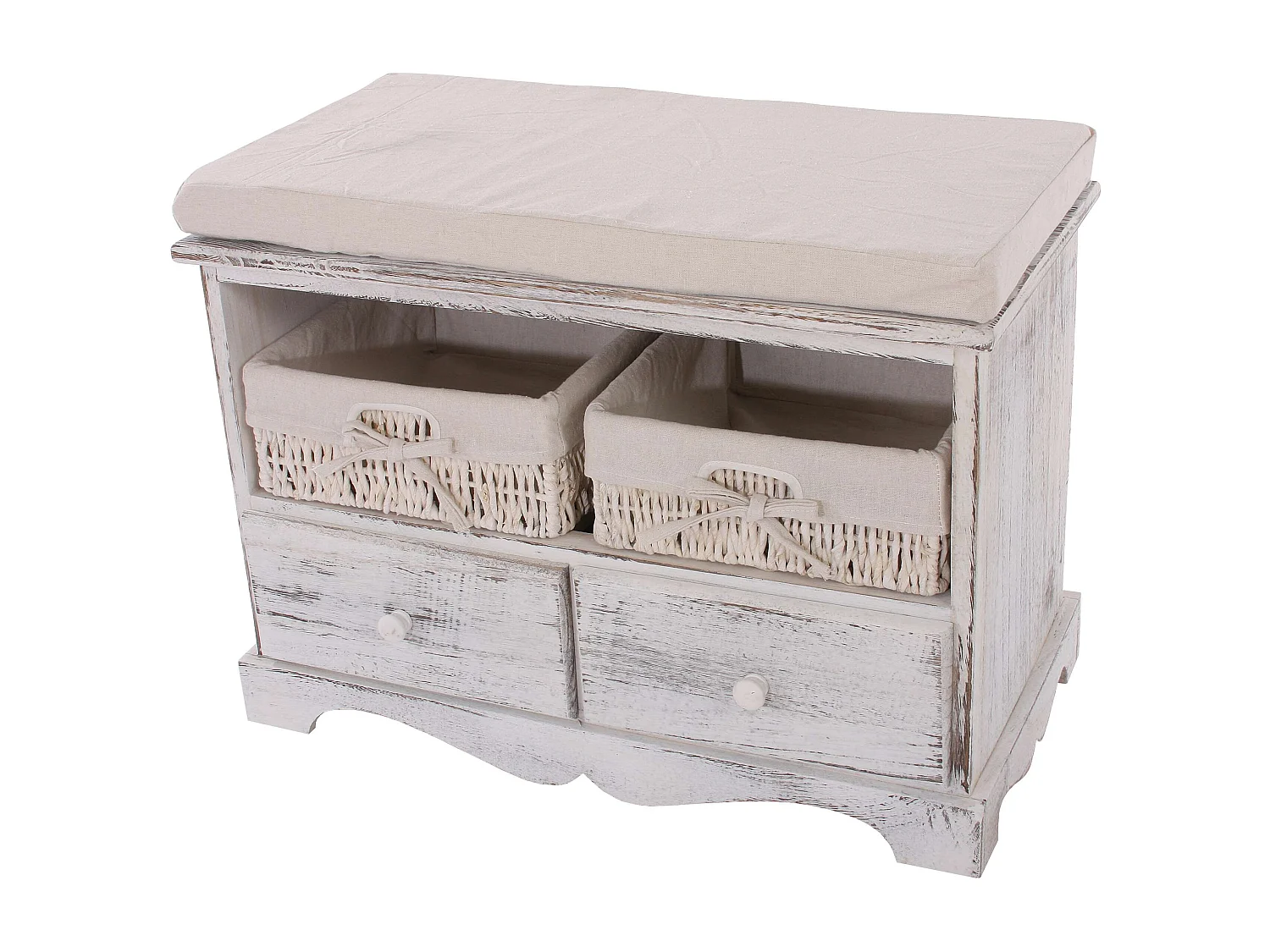 Bankje met 2 manden in shabby-look,  wit