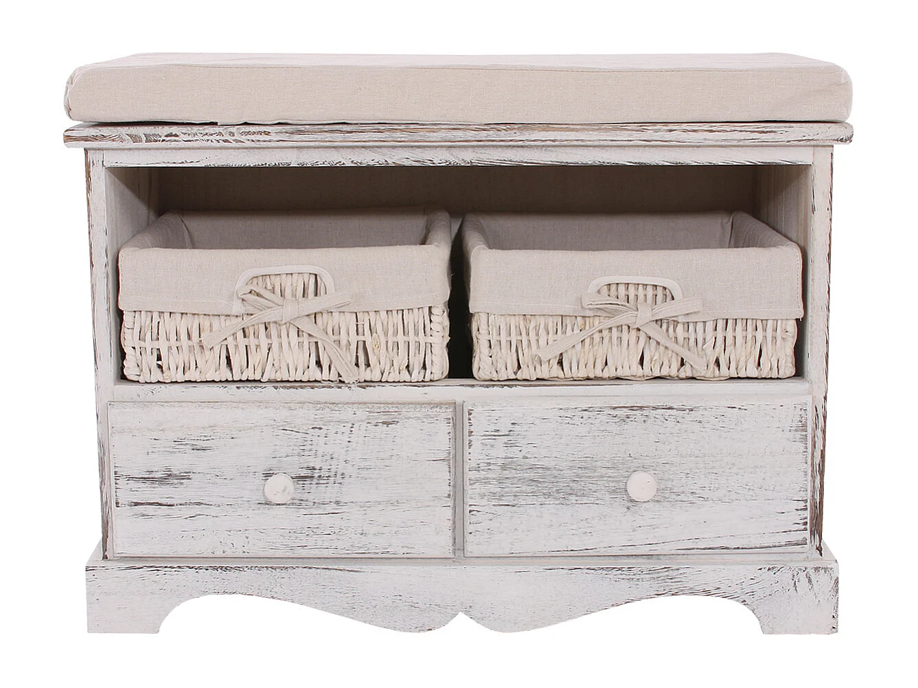Sitzbank 2 Körbe Shabby-Look, Weiß