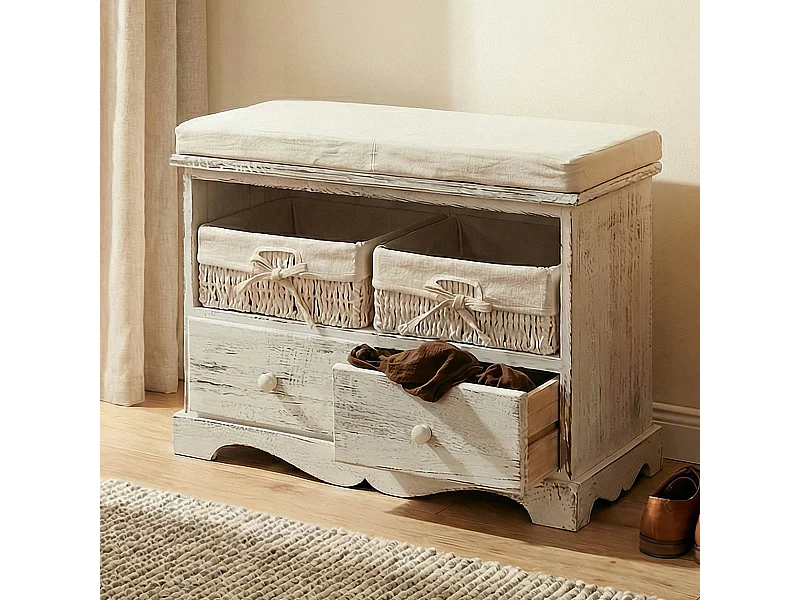 Sitzbank 2 Körbe Shabby-Look, Weiß