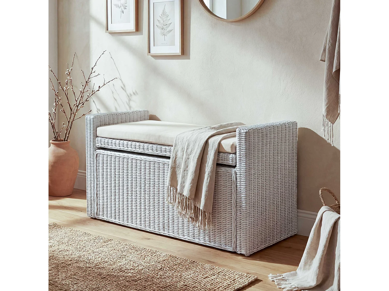 Banc Genua Rattan Compartiment de rangement,  blanc