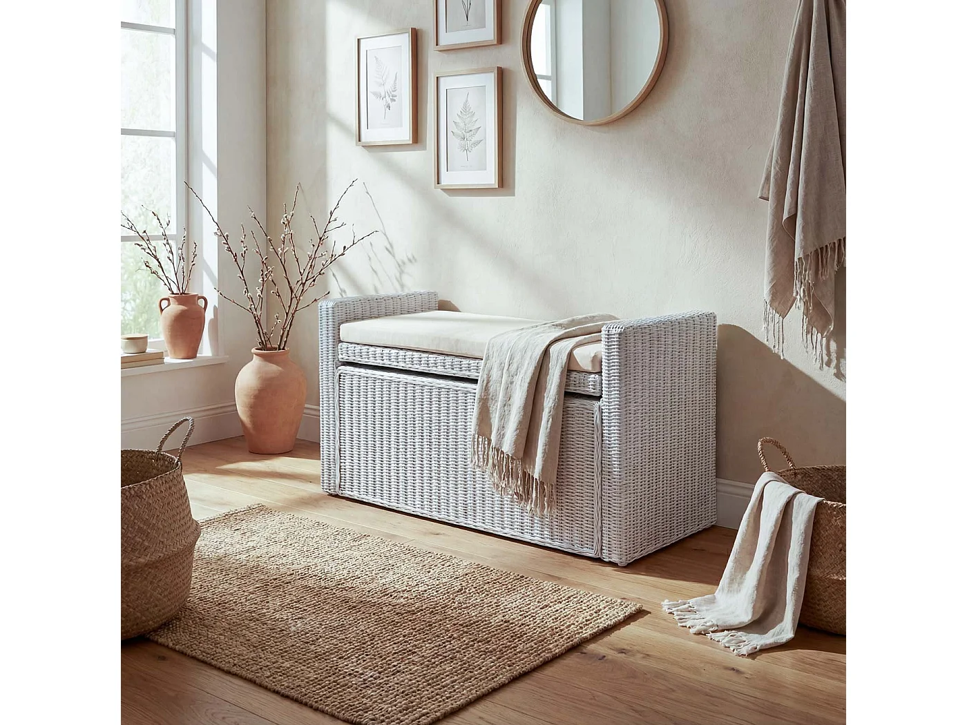 Banc Genua Rattan Compartiment de rangement,  blanc