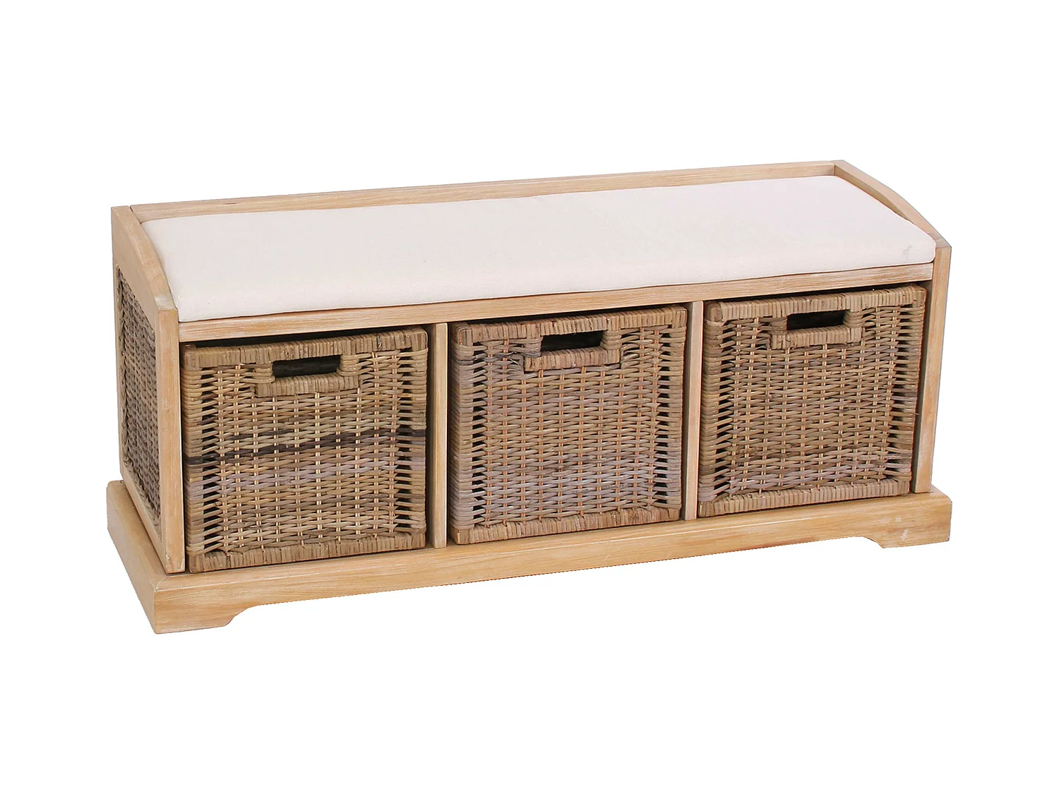 Panca cassettiera contenitore 3 ceste multiuso con cuscino legno 37x112x46cm legno chiaro