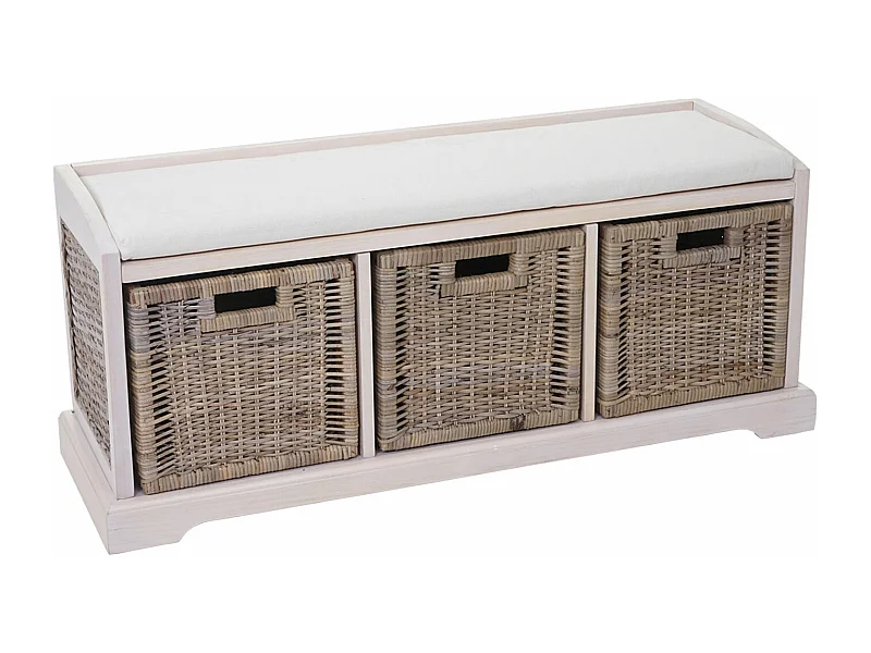 Panca cassettiera contenitore 3 ceste multiuso con cuscino legno 37x112x46cm bianco