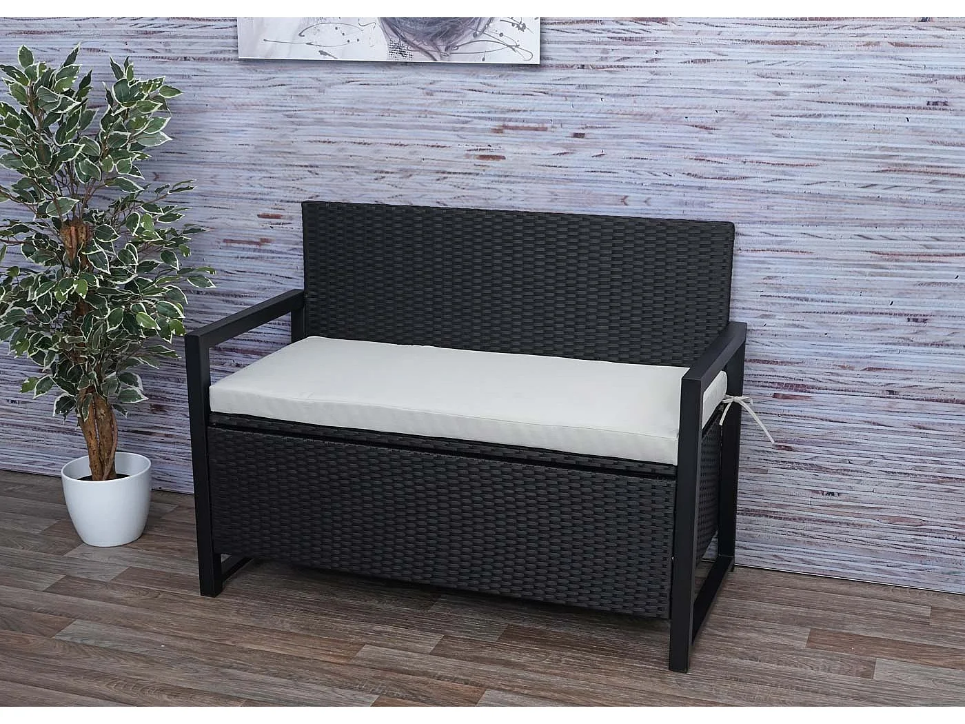 Ławka 2-osobowa z polirattanu MCW-F39,  antracyt, szare poduszki