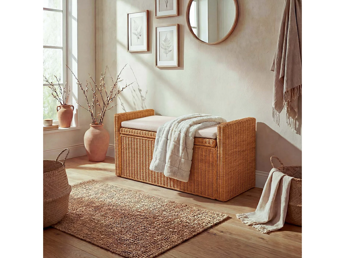 Banc Genua Rattan Compartiment de rangement,  couleur miel