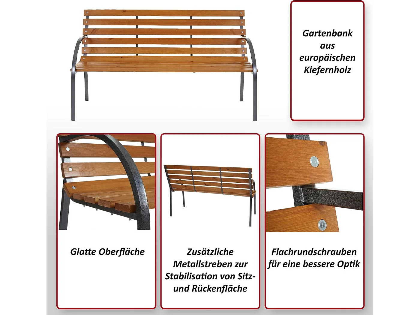 Panchina giardino Leoben legno di pino laccato piedi in metallo 58x150x88cm