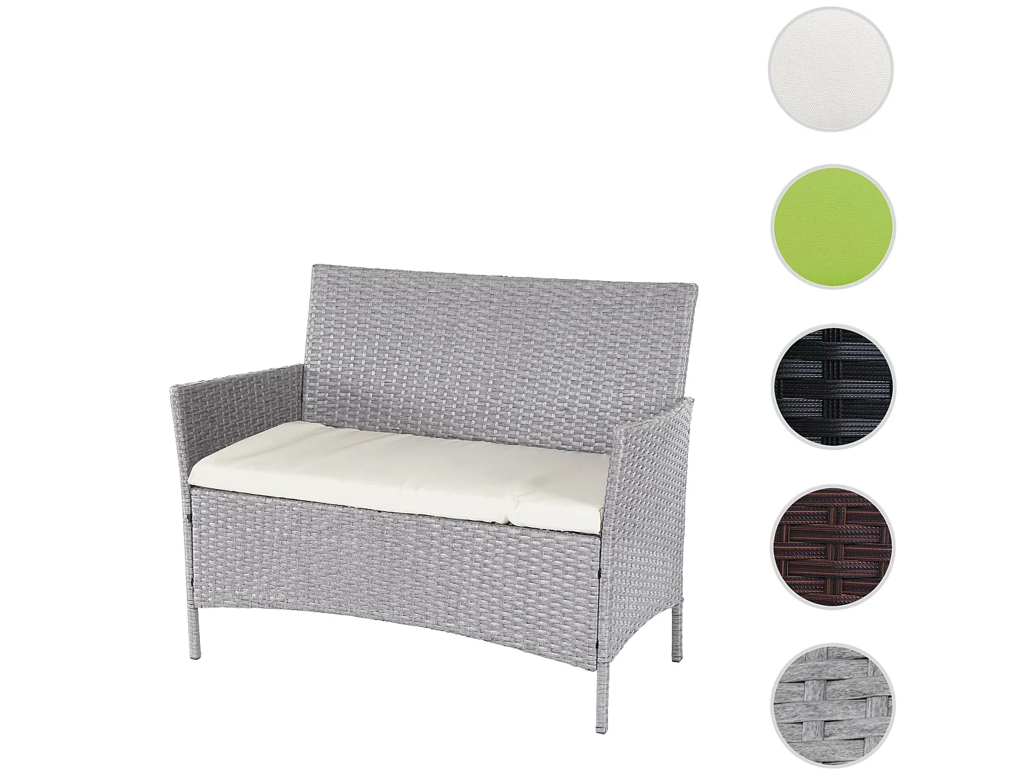 Banc de jardin en poly rotin Hamar,  gris, coussin couleur crème