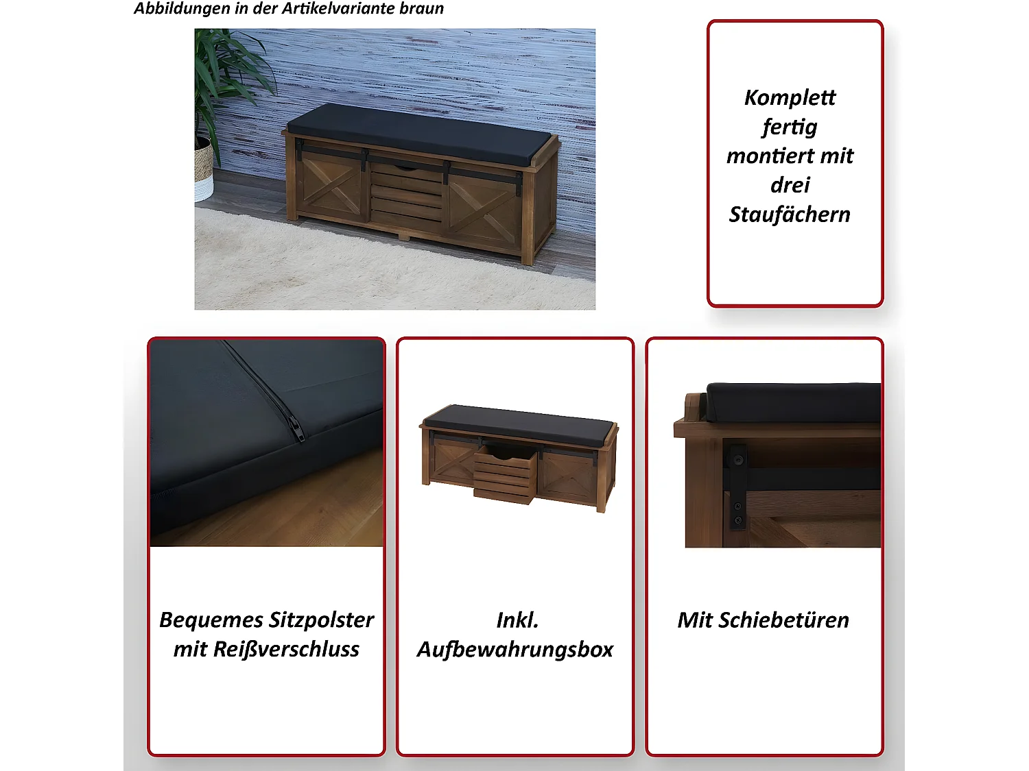 Panca panchina industriale da interni portaoggetti MCW-H53 metallo legno massello bianco