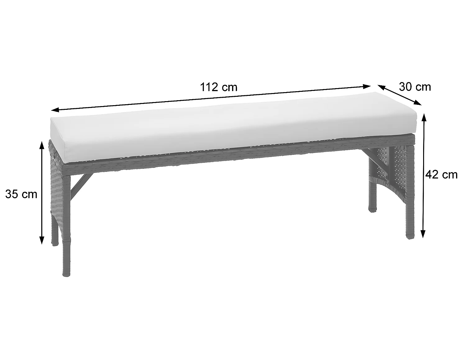 Banc en poly rotin MCW-G16,  noir, coussin gris clair