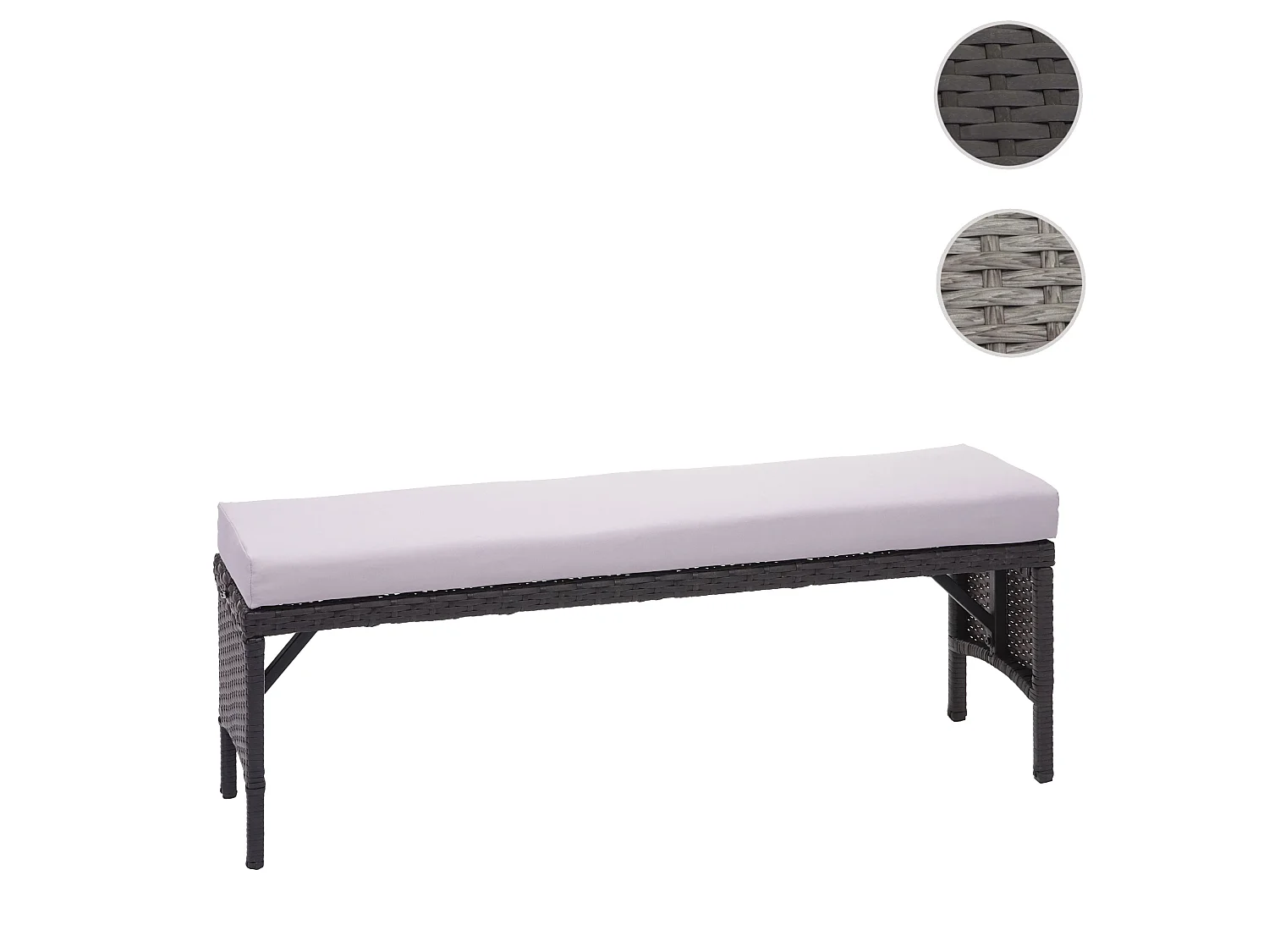 Banc en poly rotin MCW-G16,  noir, coussin gris clair