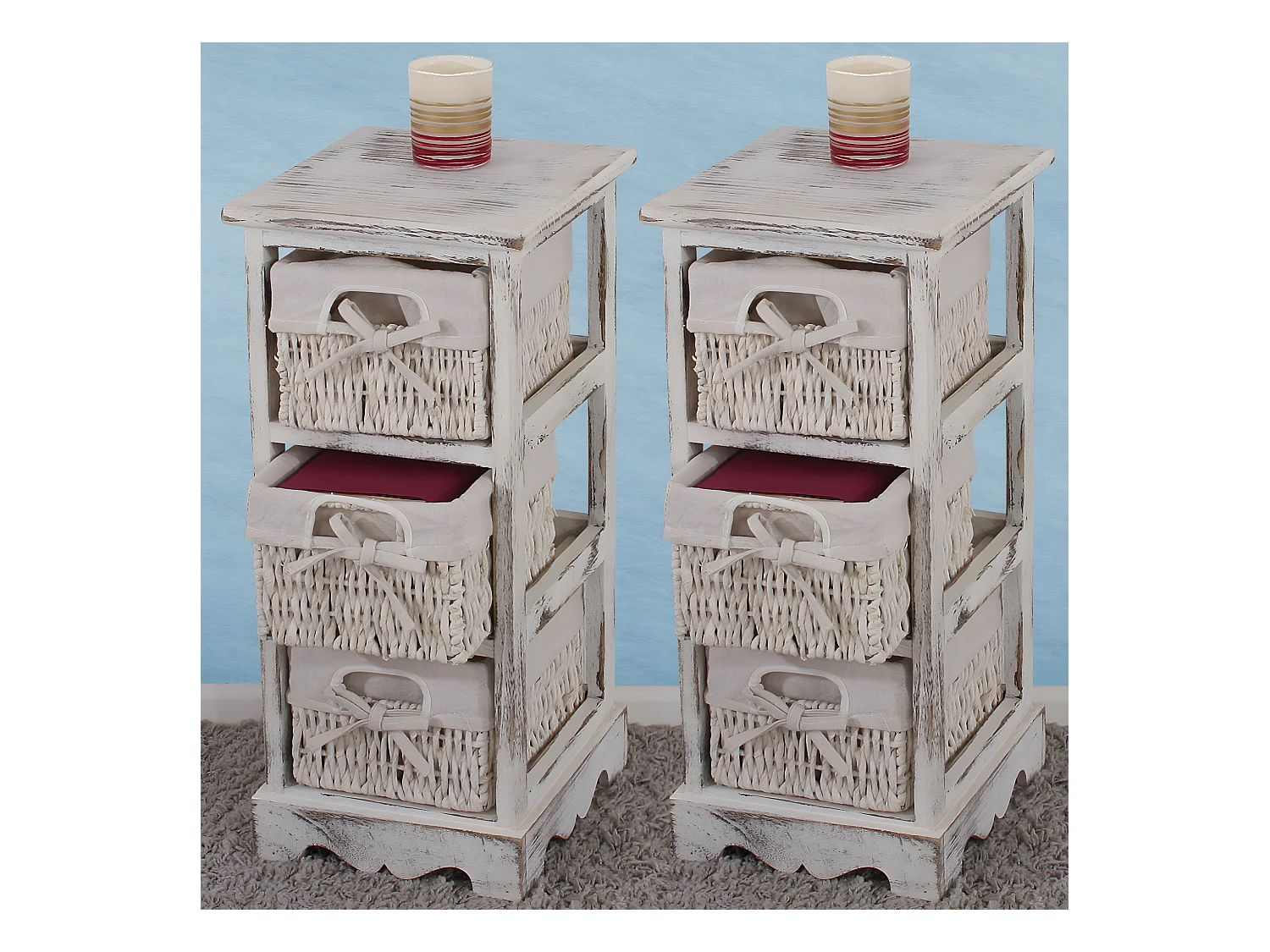 Étagère Commode (lot de 2), 2x commodes /meubles d'appoint / étagères, 3 paniers, 25x28x58cm, shabby, vintage, blanc