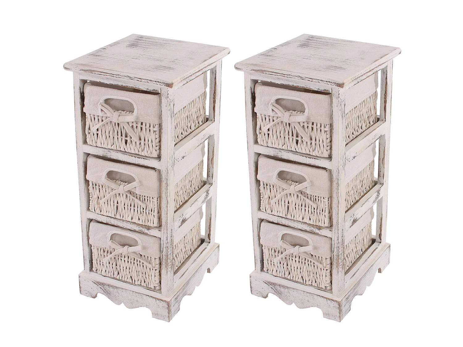 Étagère Commode (lot de 2), 2x commodes /meubles d'appoint / étagères, 3 paniers, 25x28x58cm, shabby, vintage, blanc