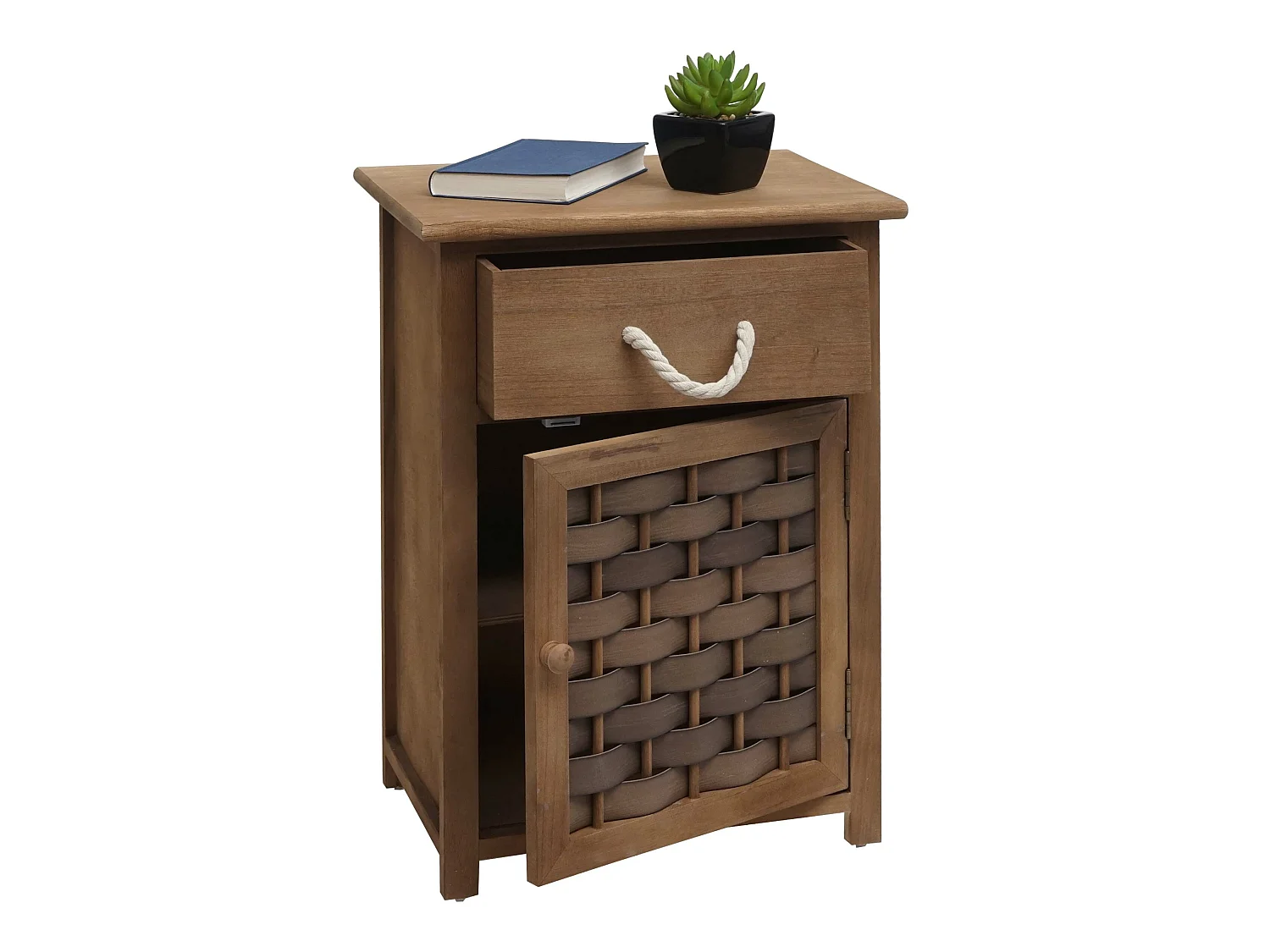 Comodino cassettiera MCW-K83 legno di paulonia polyrattan marrone scuro