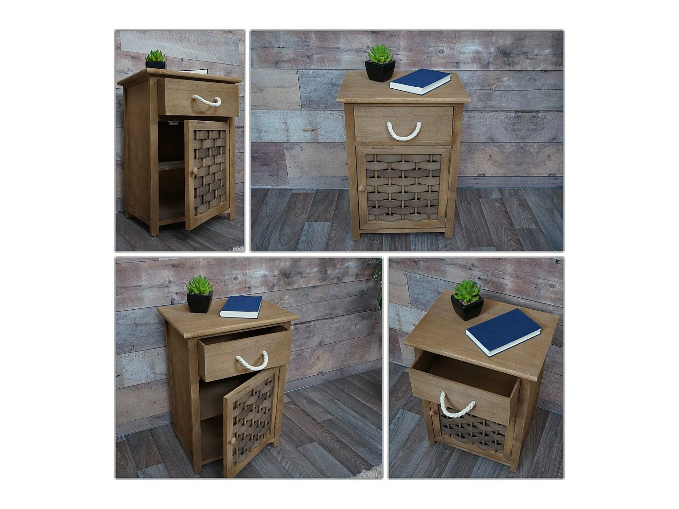Comodino cassettiera MCW-K83 legno di paulonia polyrattan marrone scuro