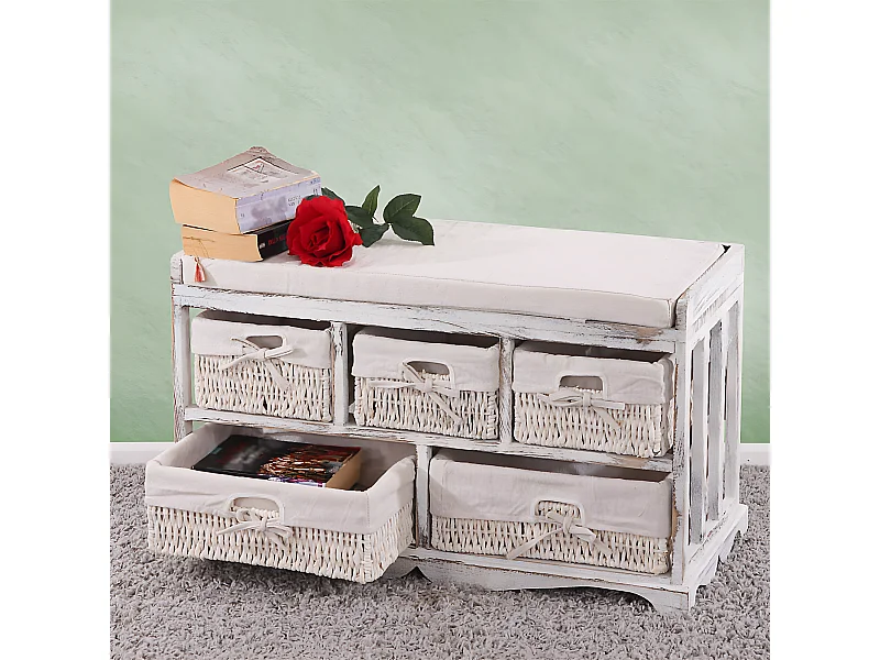 Panca cassettiera shabby vintage 5 ceste legno di paulonia 36x77x45cm bianco