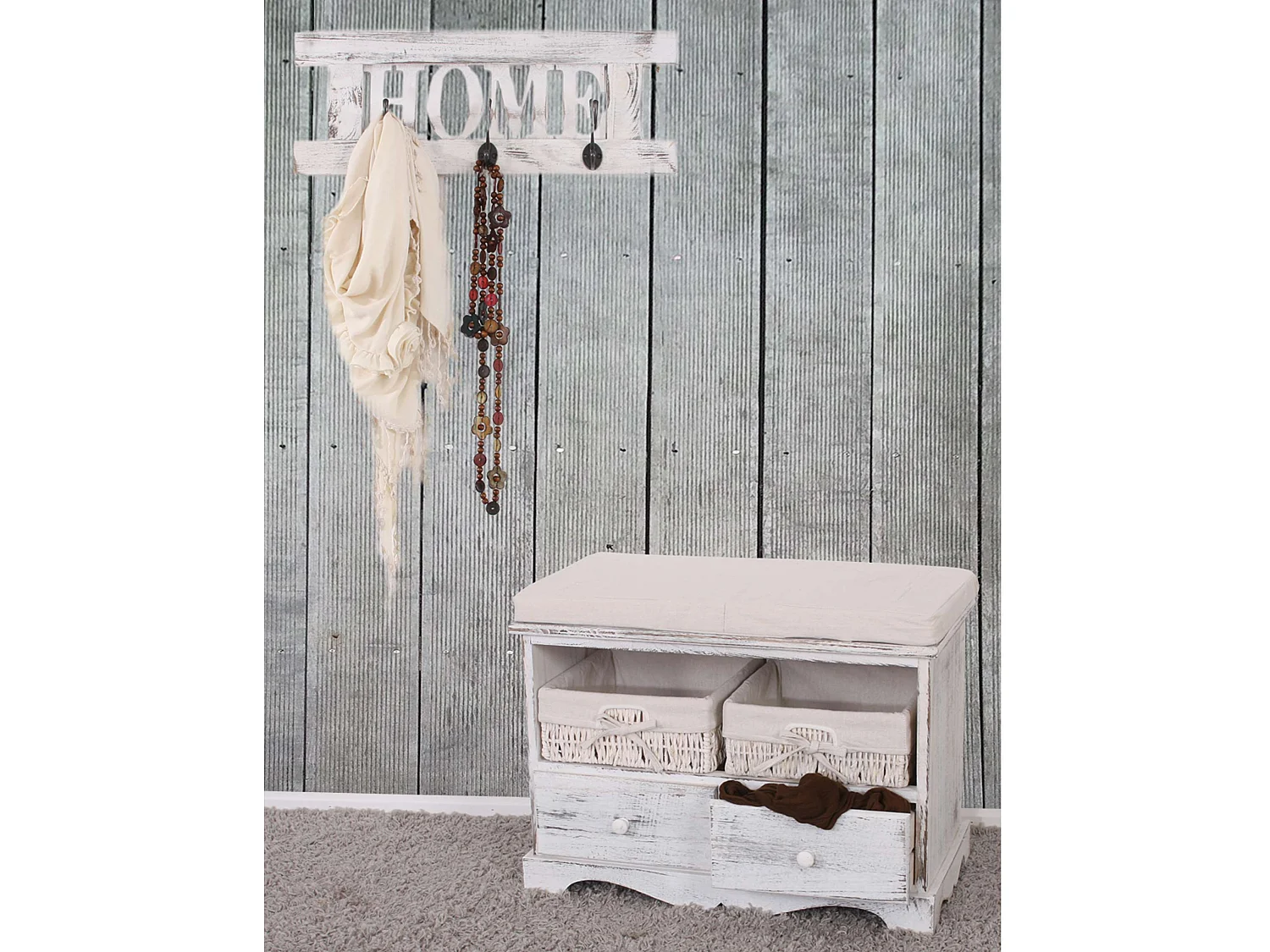 Roupeiro com banco Shabby (4 peças),  branco