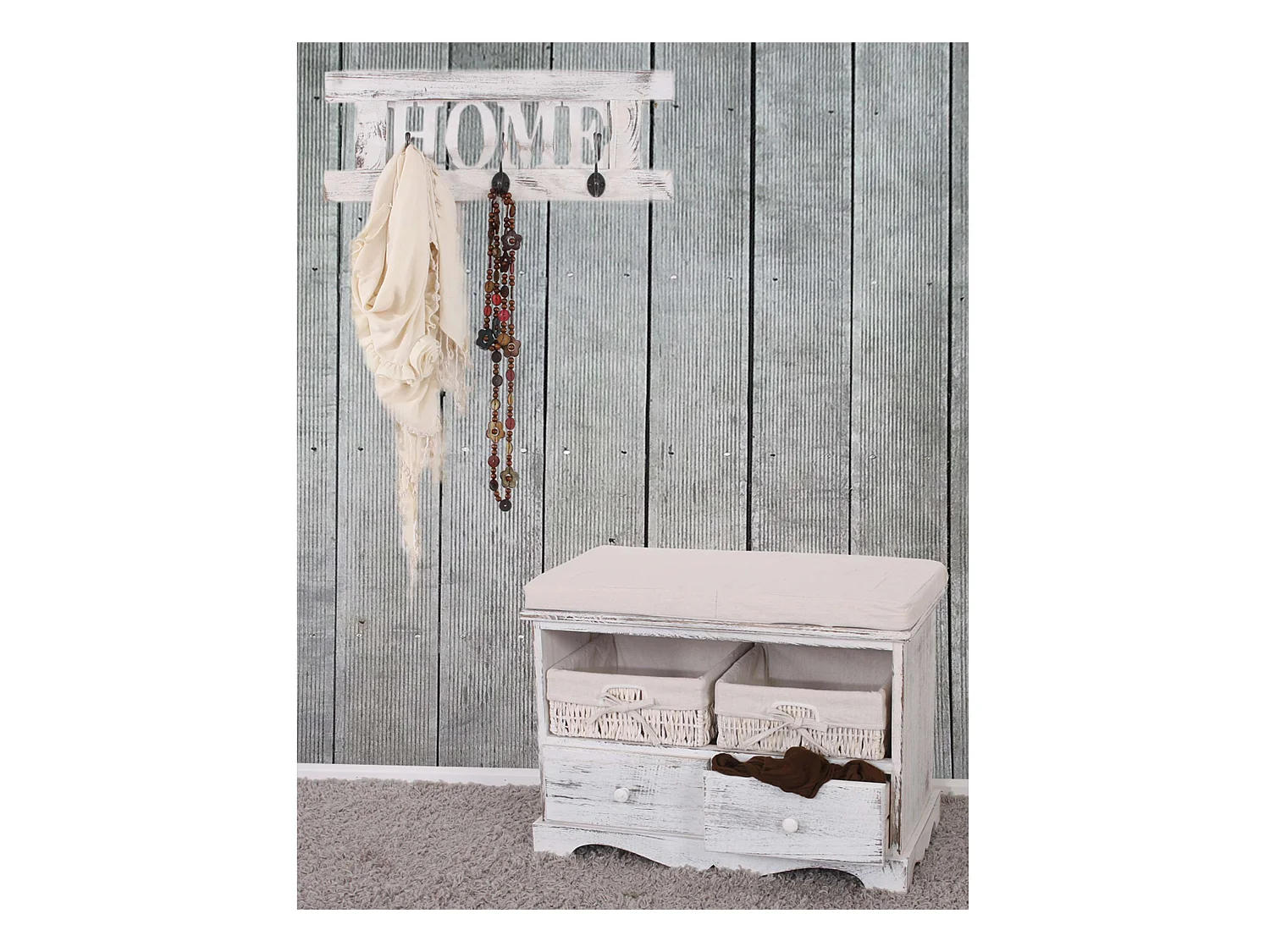 Garderobekast met bankje Shabby (4-delig),  wit