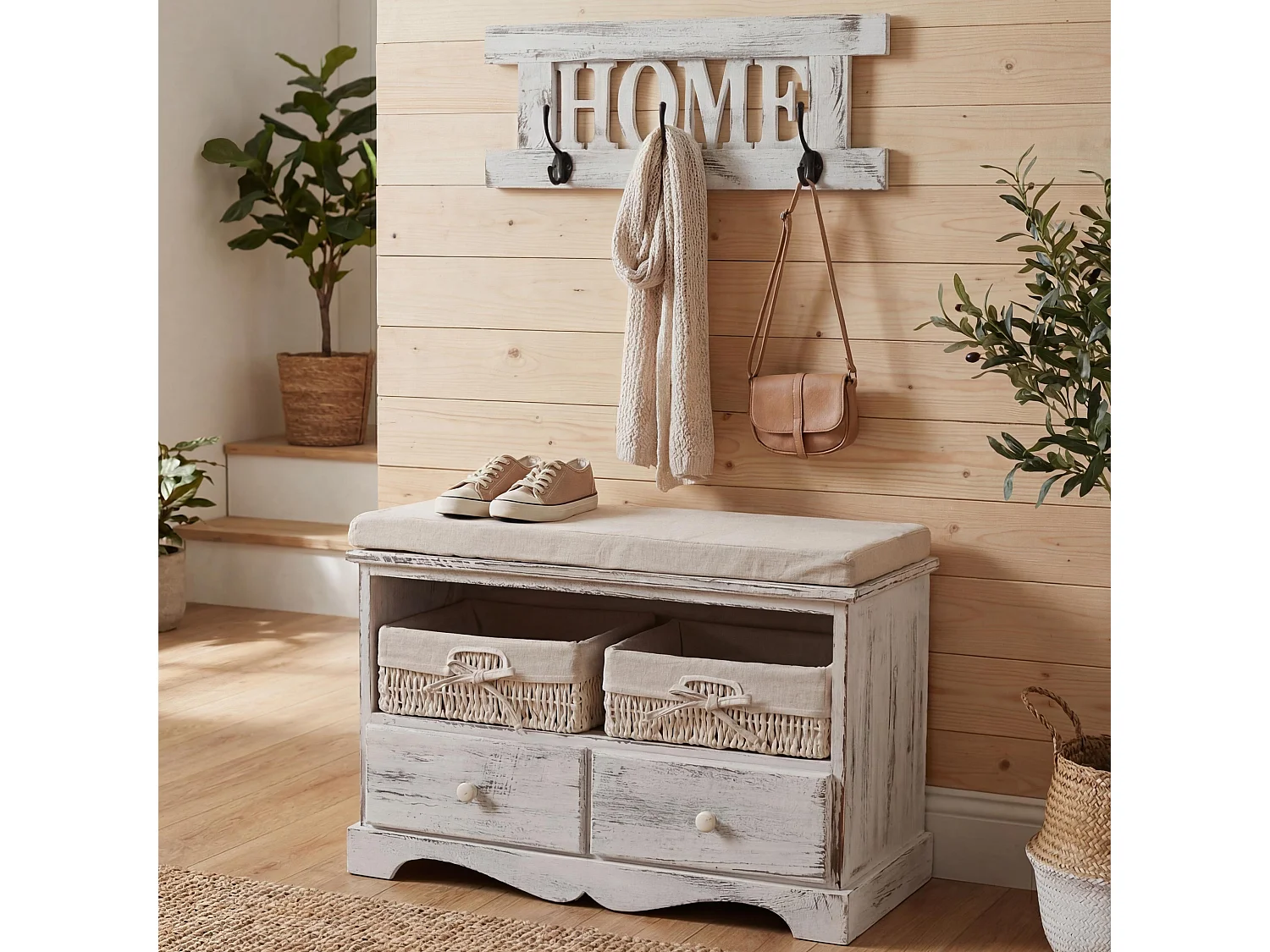 Vestiaire avec banc Shabby (4 pièces),  blanc