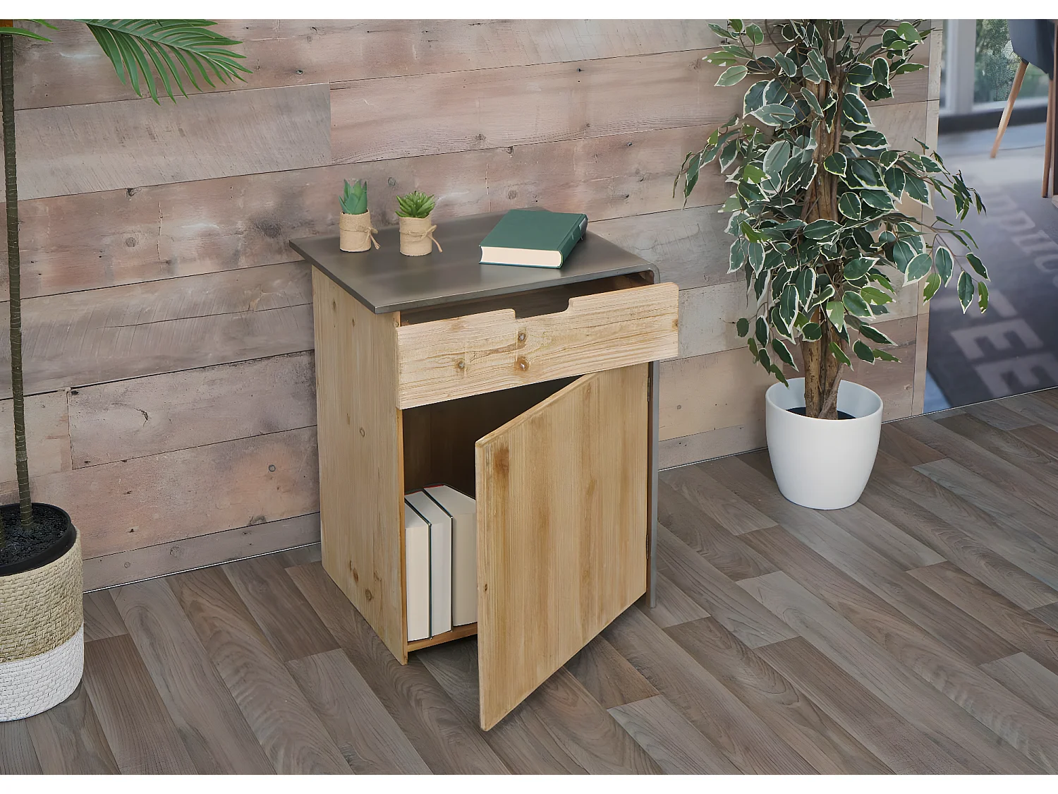 Comodino cassettiera armadietto con cassetto design industriale MCW-L76 60x50x40cm legno di abete naturale e nero